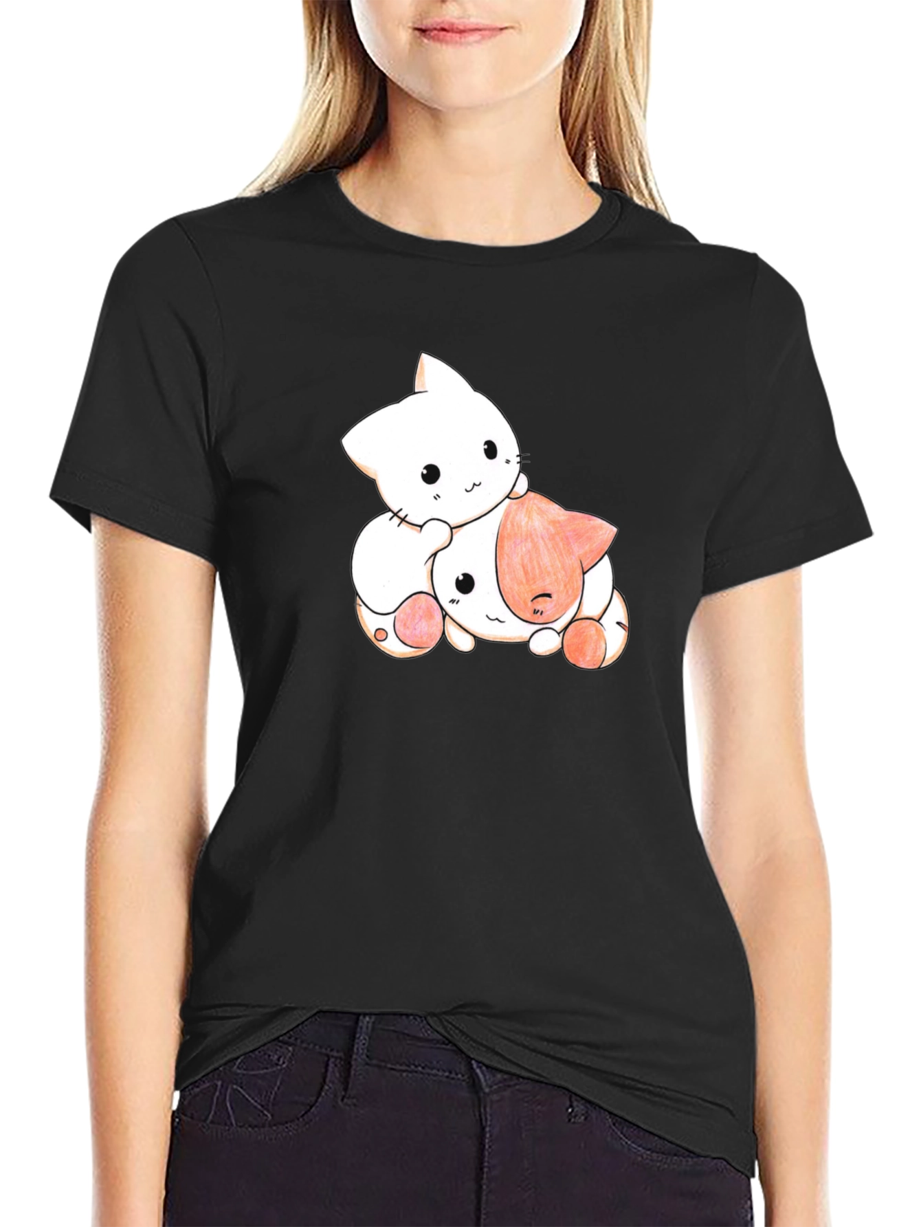 Black Cute Cat Graphic Black T-Shirt view 2