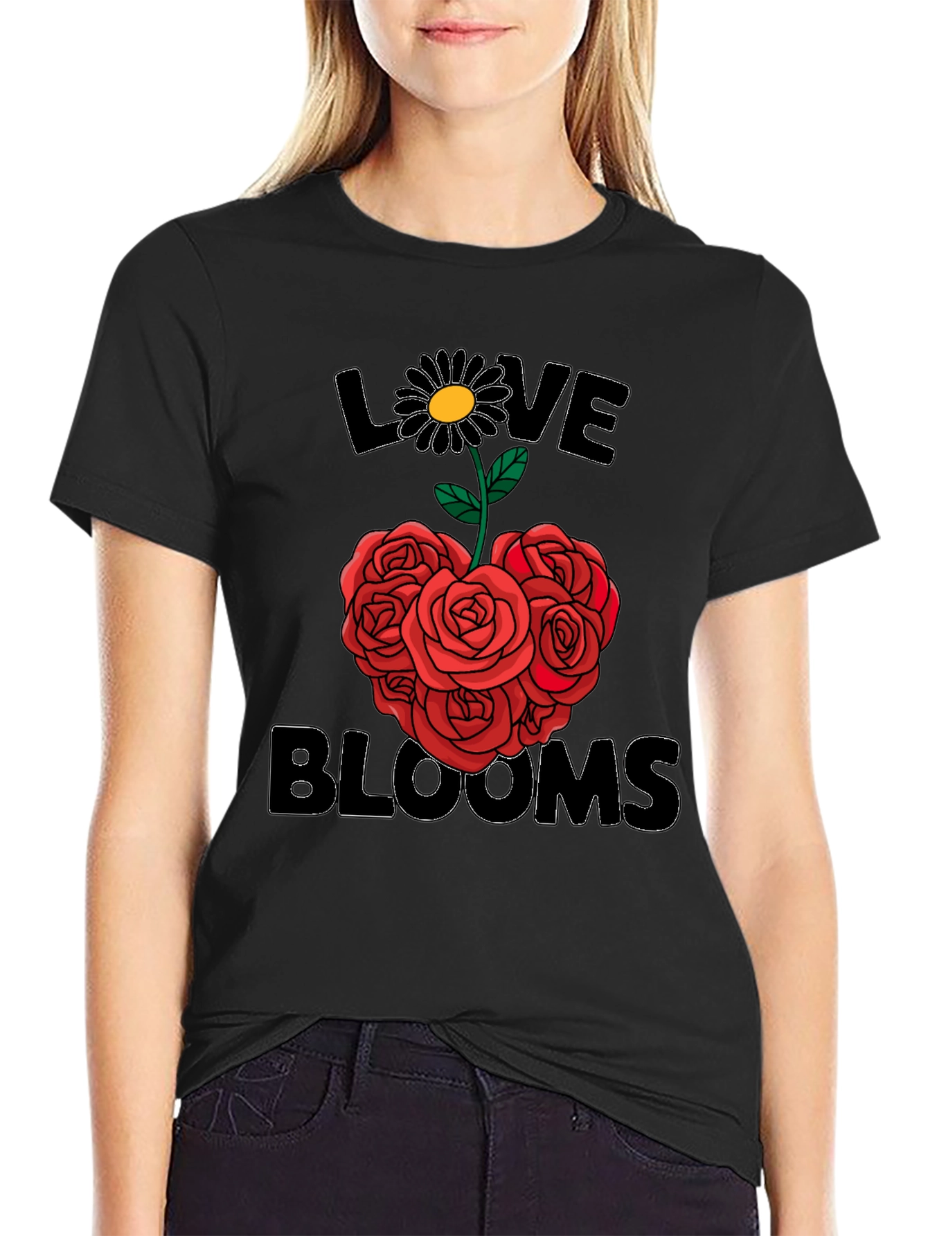 Black Love Blooms T-Shirt - Floral Heart Design view 2