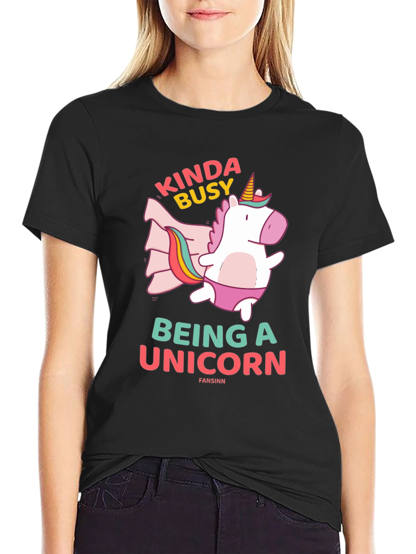 Black Kinda Busy Being A Unicorn Black T-Shirt view 2