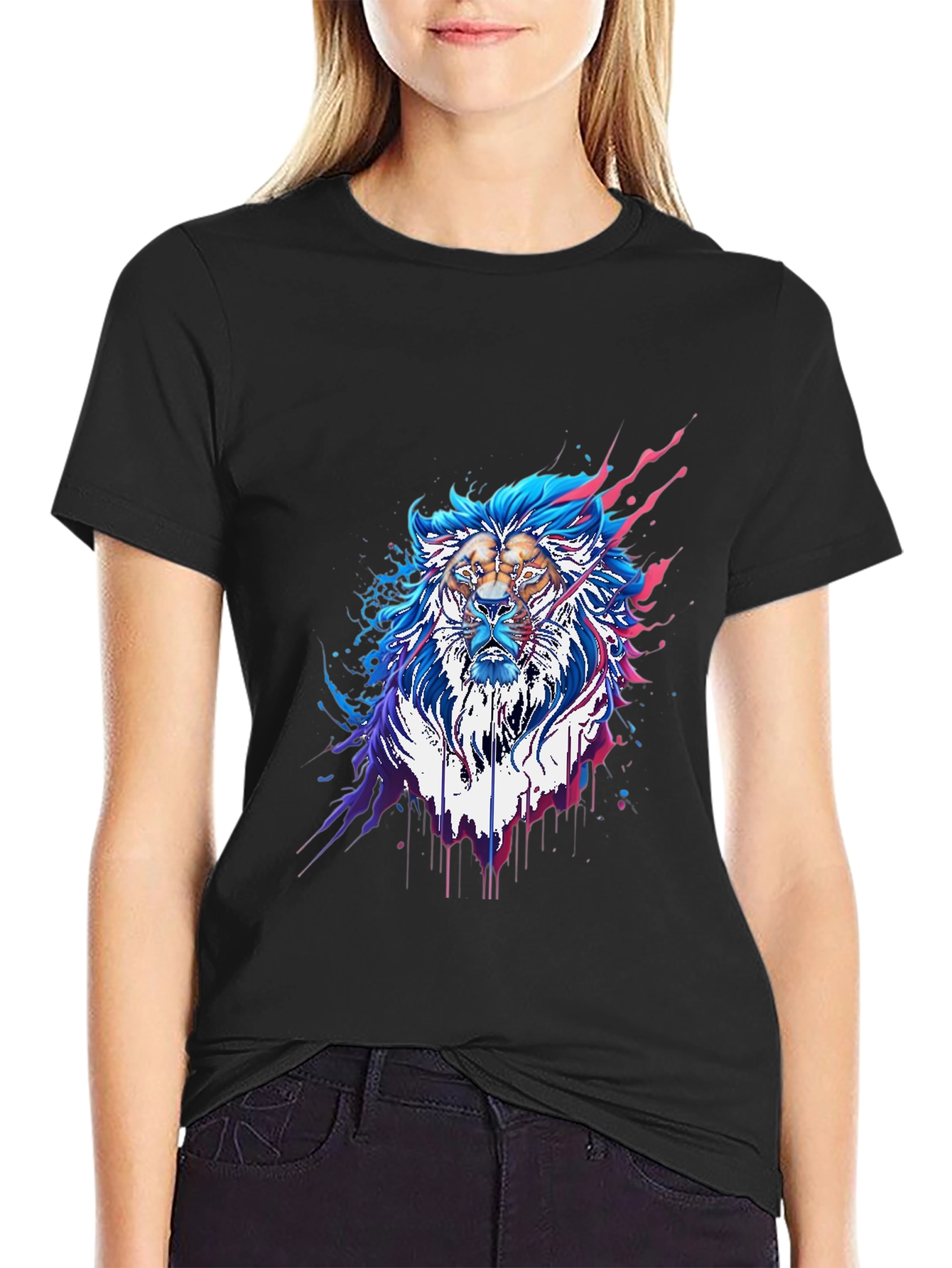 Black Abstract Lion Graphic Tee - Stylish Men's Black T-Shirt view 2