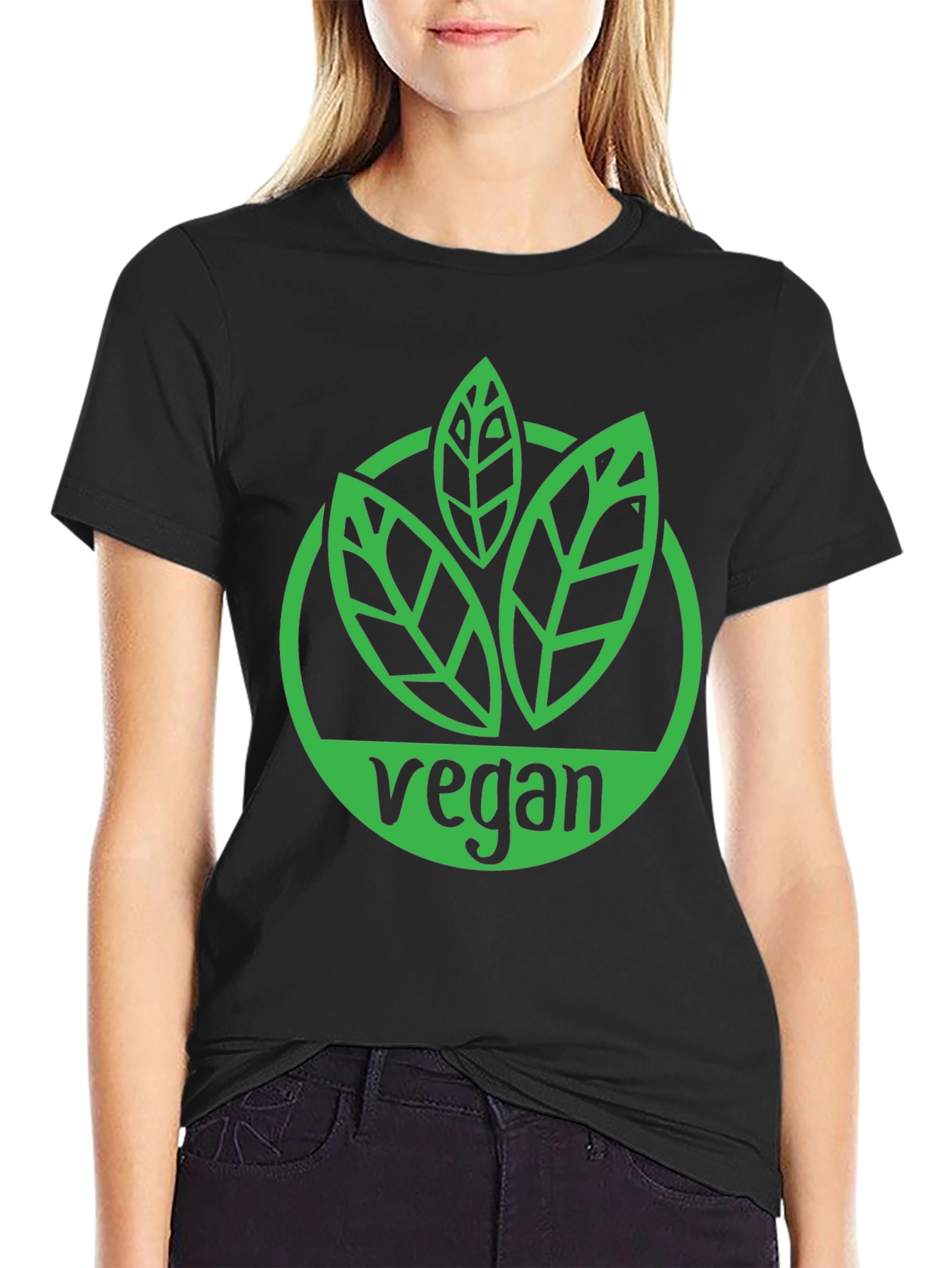 Black Vegan T-Shirt - Green Leaf Logo Black Tee view 2