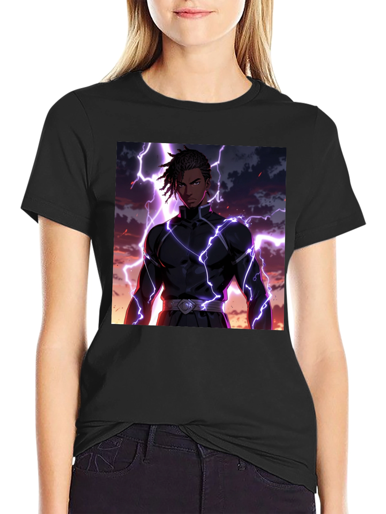 Black Anime Lightning Bolt Graphic Tee - Black Cotton Blend view 2