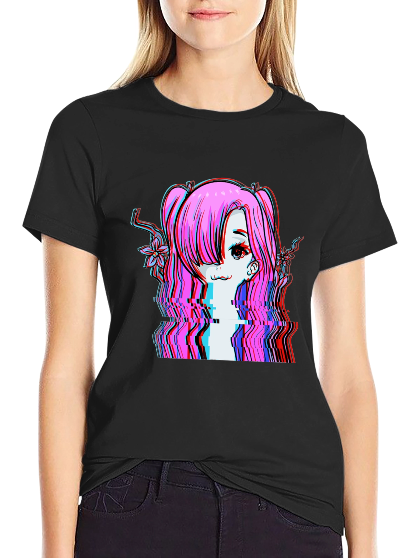 Glitch Anime Girl T-Shirt - Edgy Vaporwave Style - 2