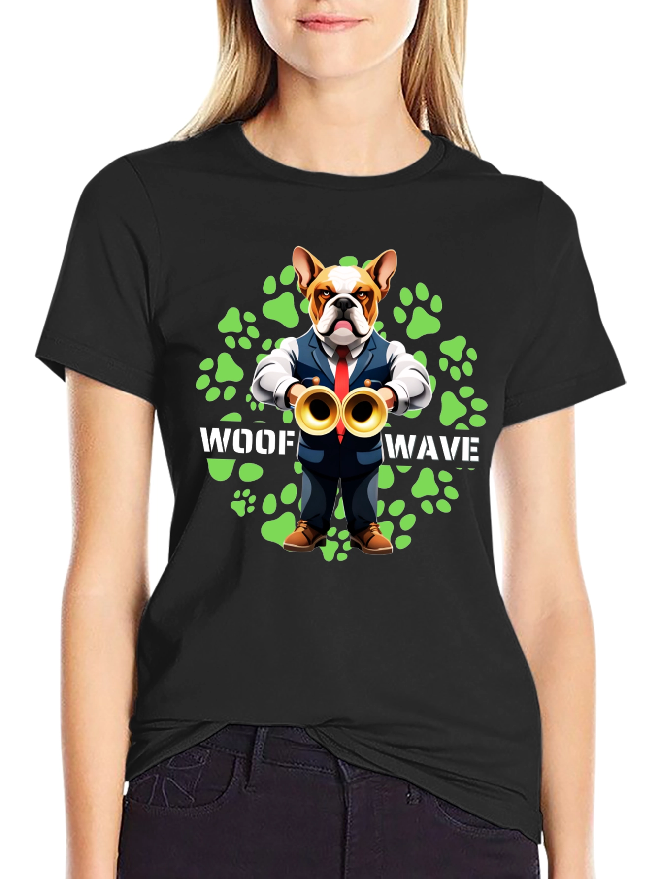 Black Woof Wave Bulldog Musician T-Shirt view 2