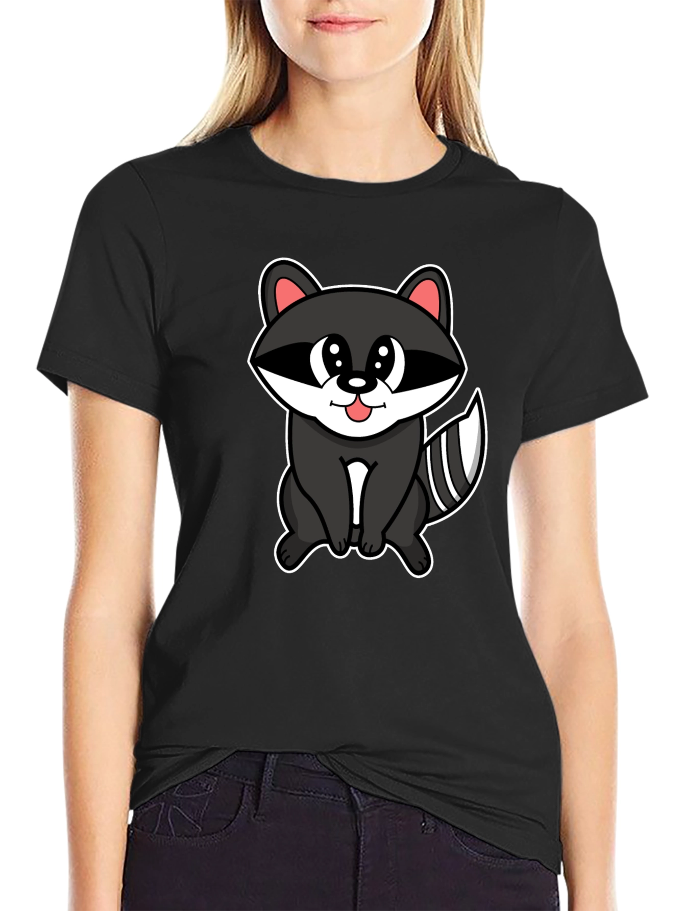 Black Cute Raccoon Cartoon Black T-Shirt view 2
