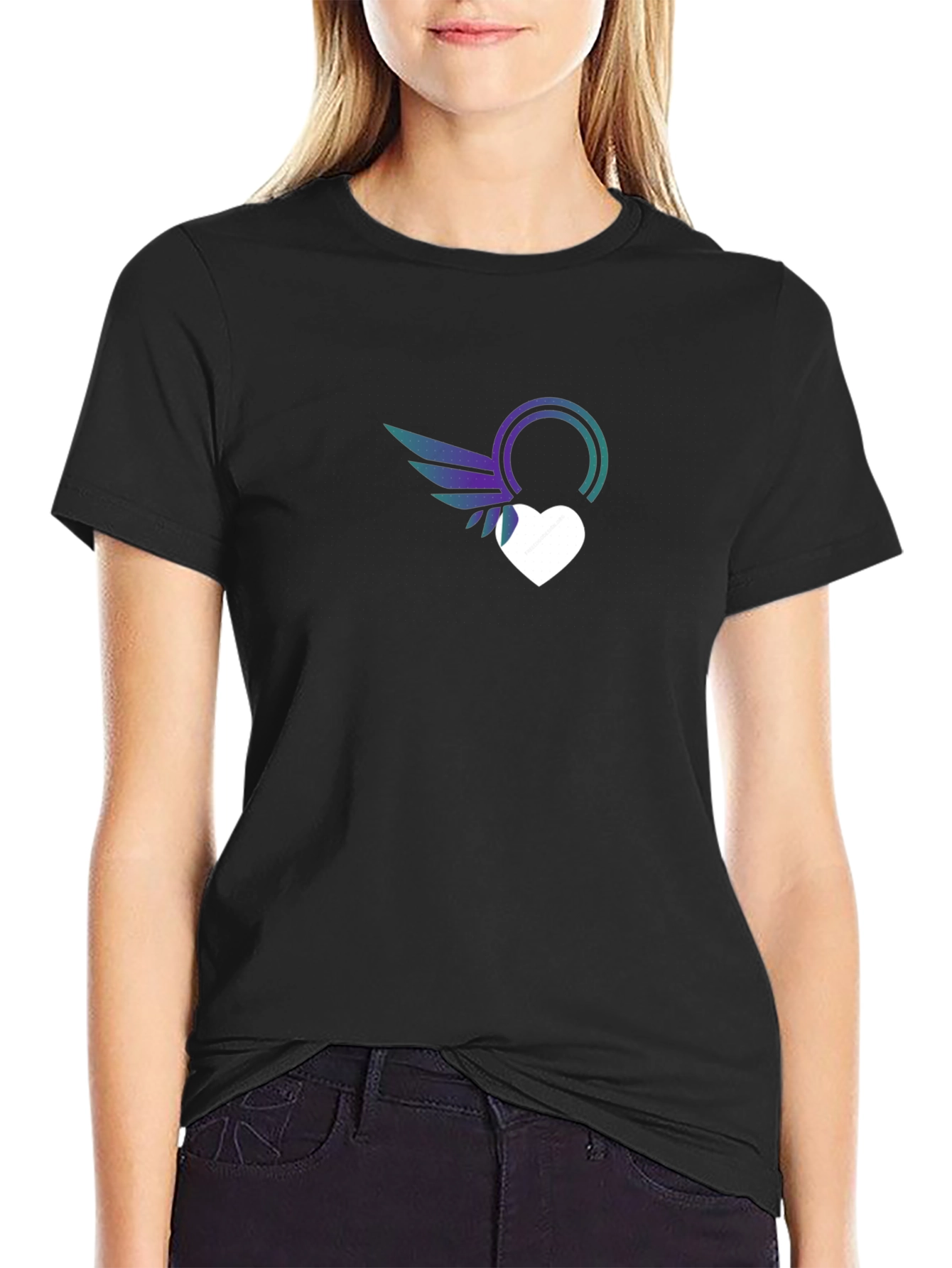 Black Stylish Black T-Shirt with Heart & Wings Graphic Print view 2