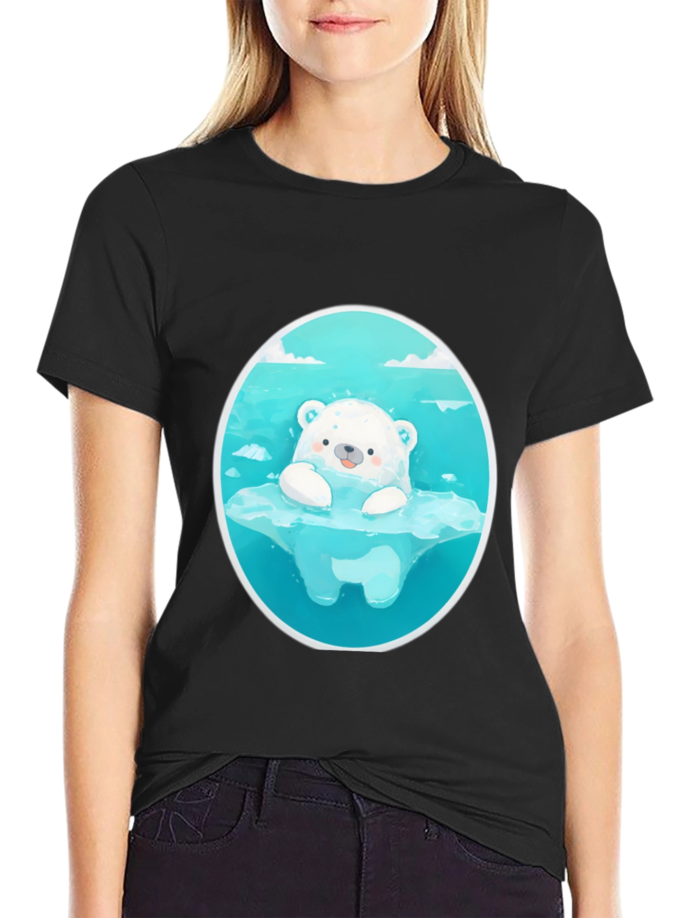 Black Cute Polar Bear Graphic Tee - Black Cotton T-Shirt view 2