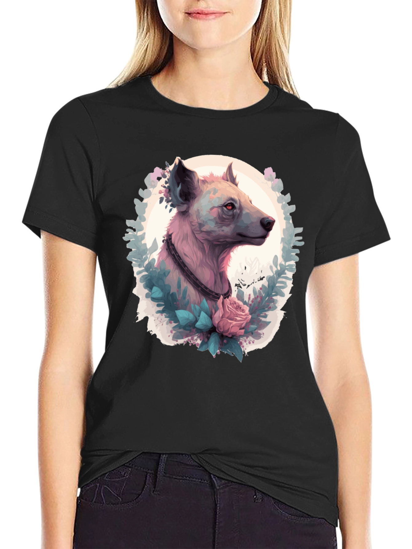 Black Hyena Portrait T-Shirt - Unique Animal Graphic Tee view 2