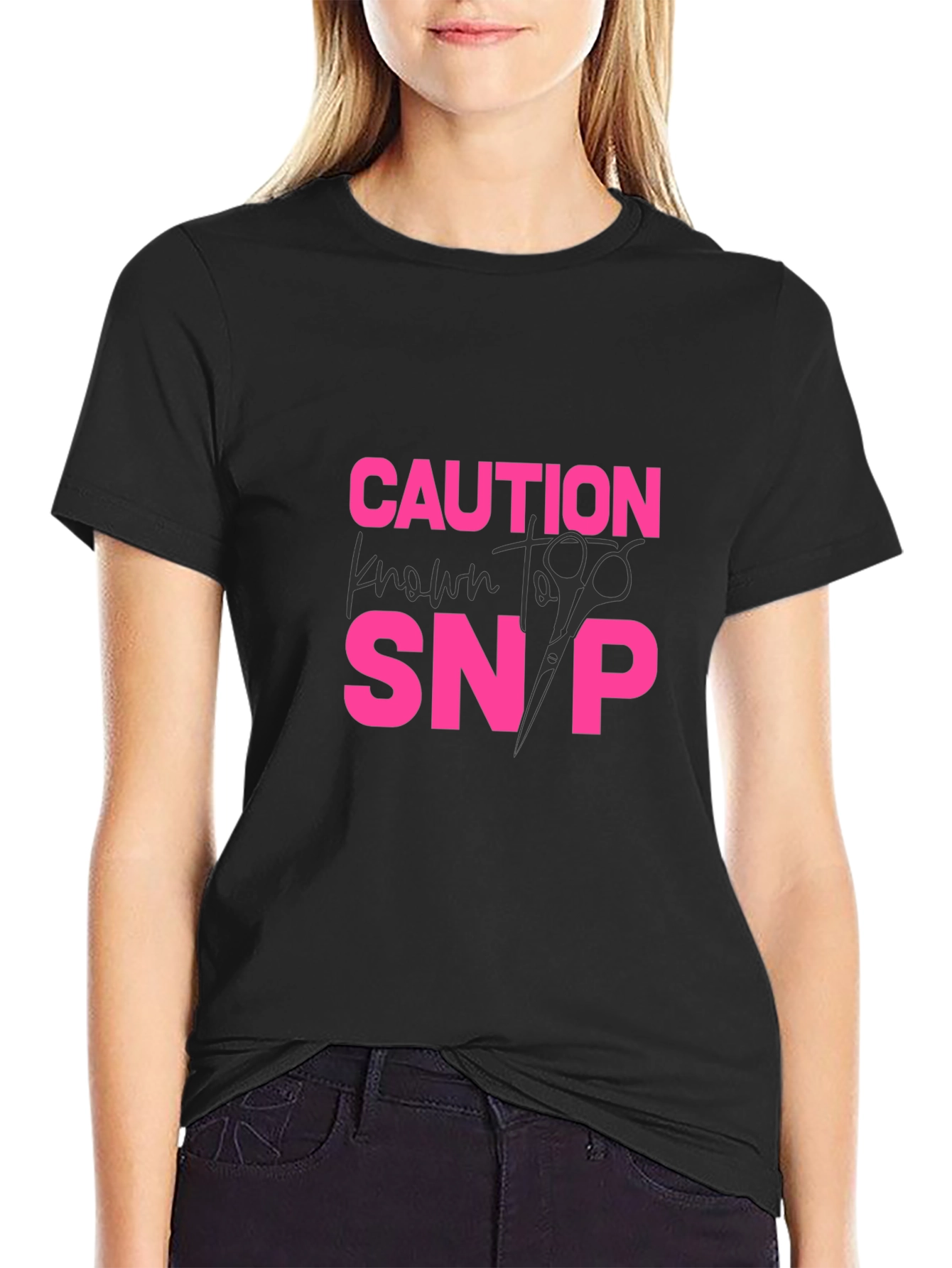 Black Caution Known to Snip T-Shirt - Hair Stylist Tee view 2