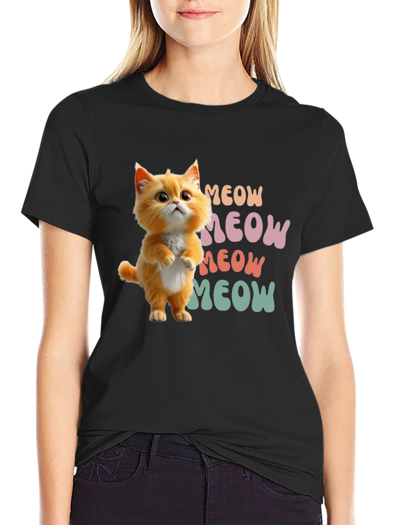 Black Cute Cartoon Cat Meow Graphic T-Shirt view 2
