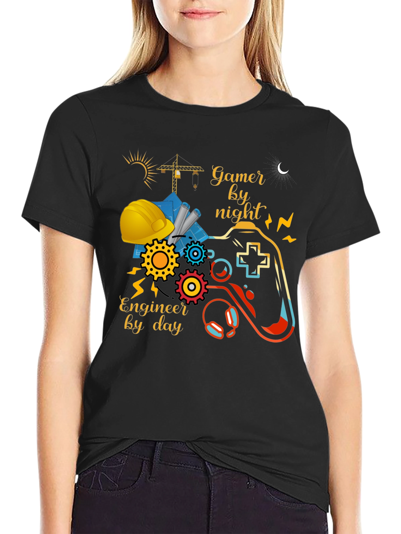 Black Gamer by Night, Engineer by Day Graphic Tee view 2