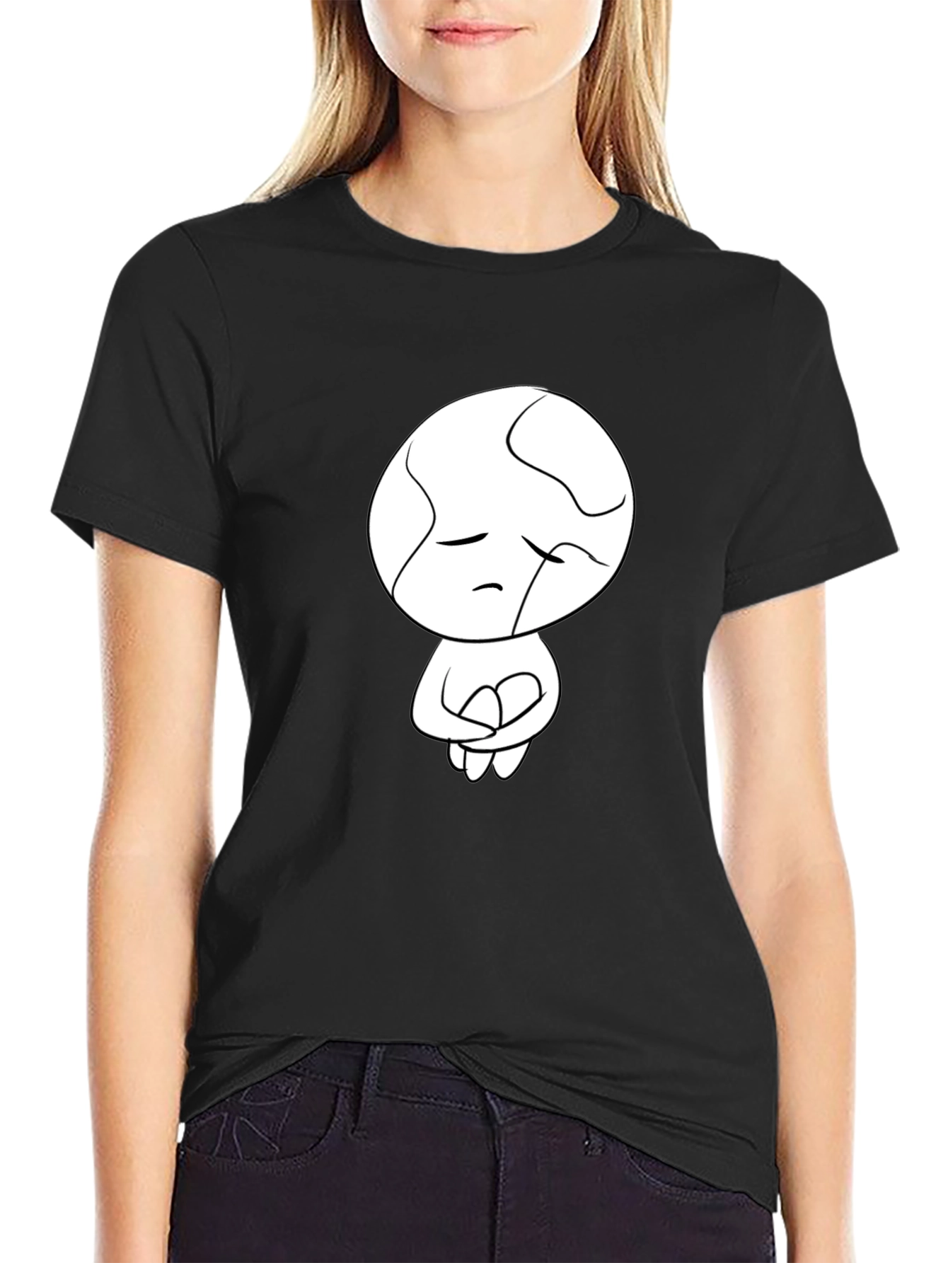 Black Unique Graphic Tee - Sad Abstract Character Print - Black view 2