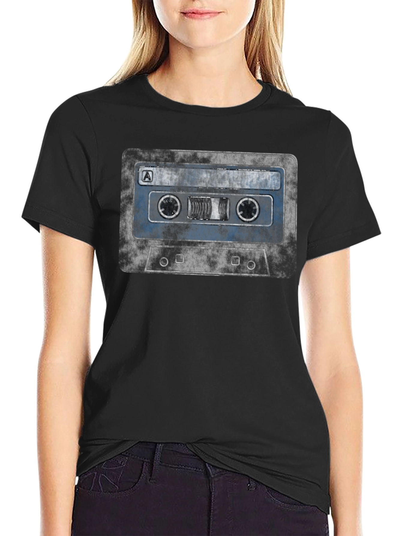Black Retro Cassette Tape Graphic Tee - Vintage Music Lover Shirt view 2
