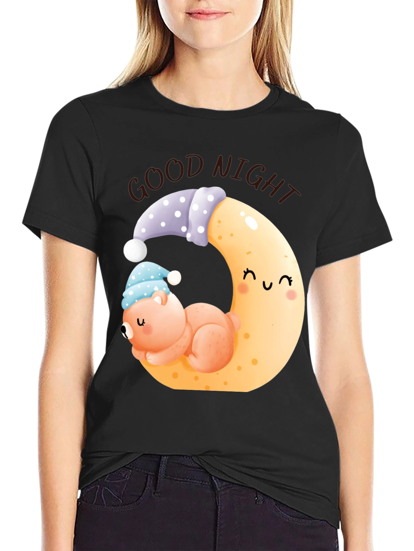Black Good Night Bear Moon Graphic Black T-Shirt view 2
