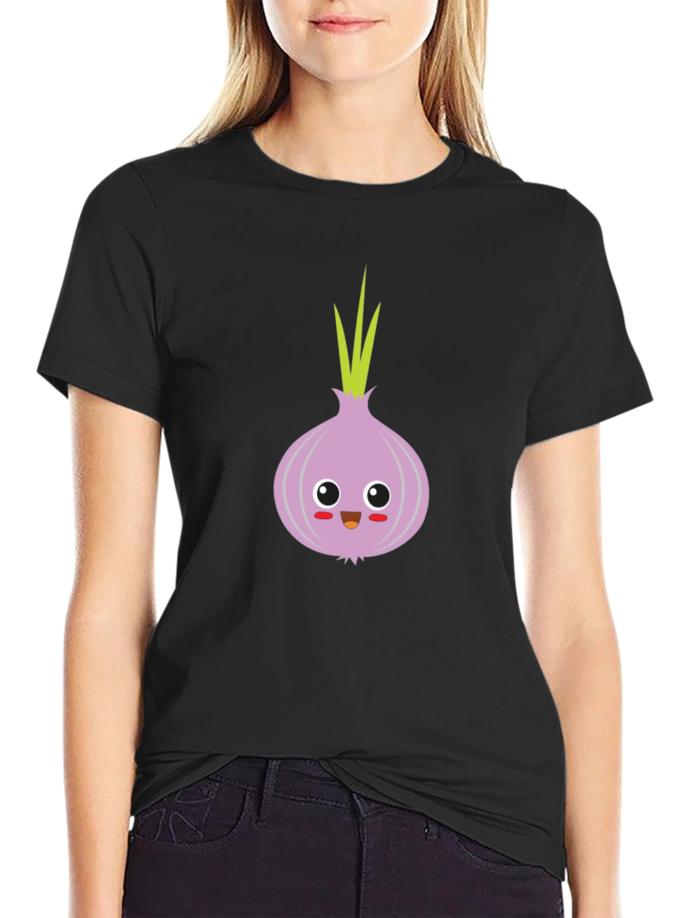 Black Cute Onion Cartoon T-Shirt - Fun & Unique Design view 2