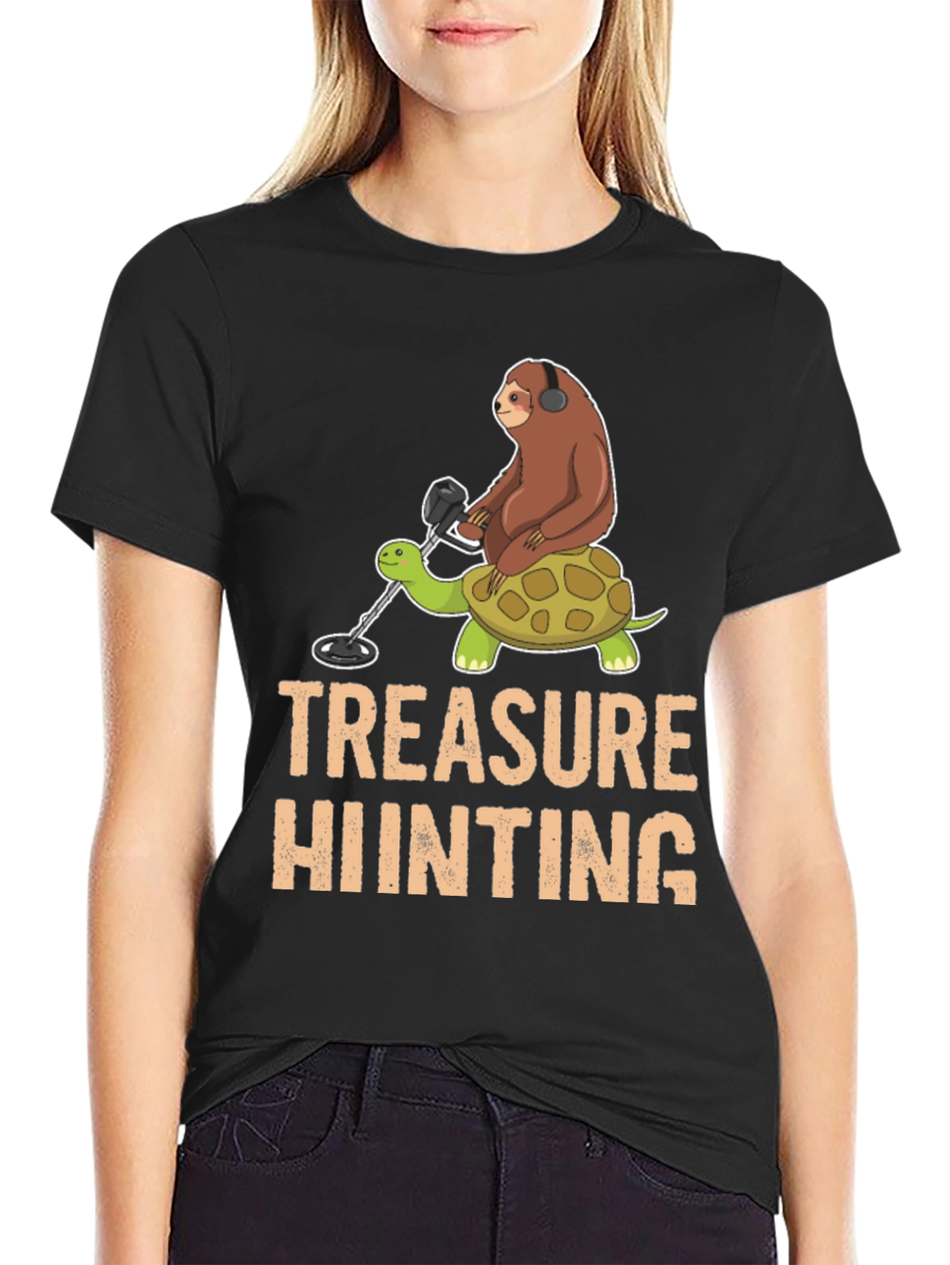 Black Treasure Hunting Sloth Riding Turtle T-Shirt view 2