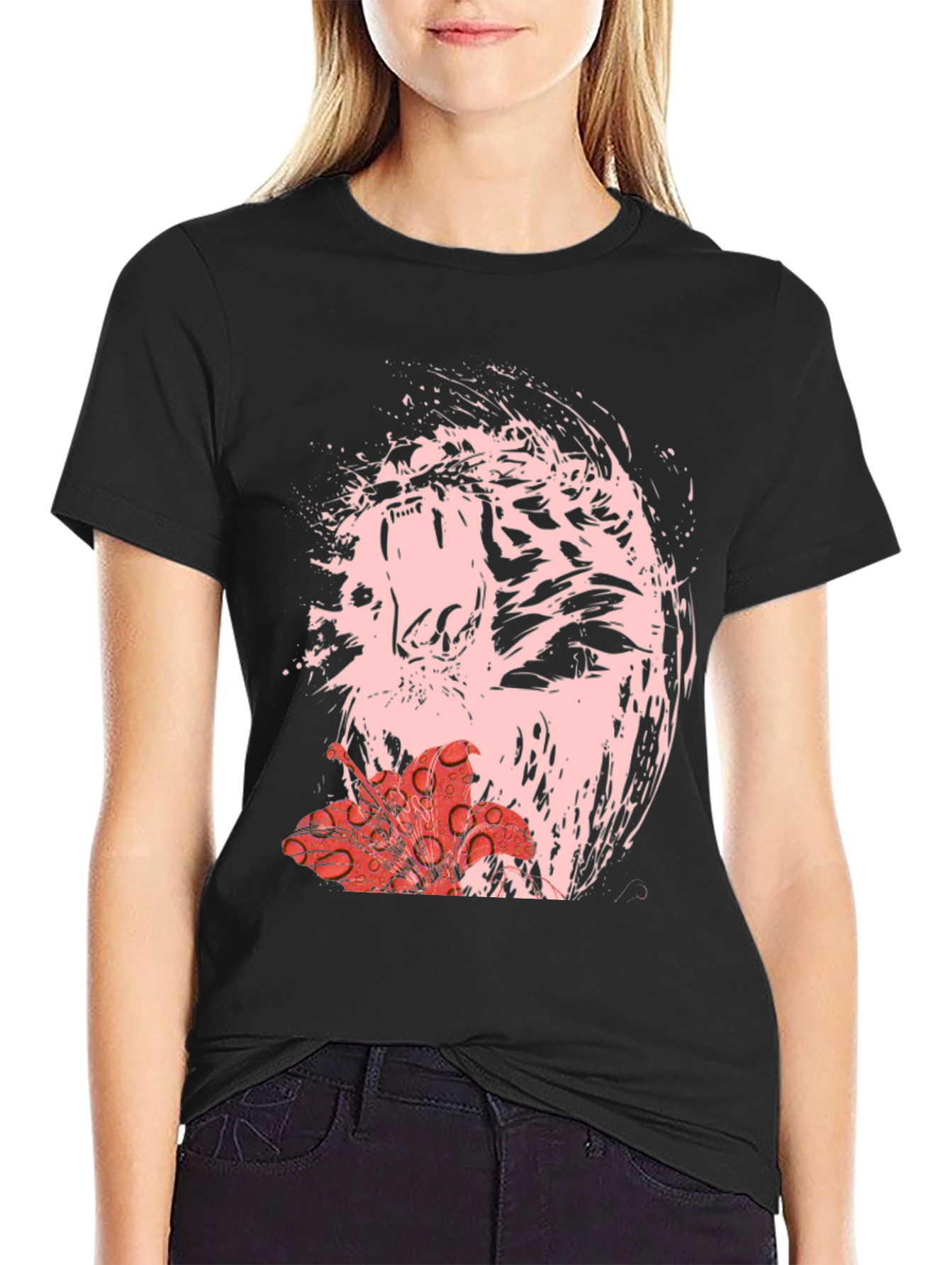 Black Abstract Tiger & Flower Graphic Black Tee view 2