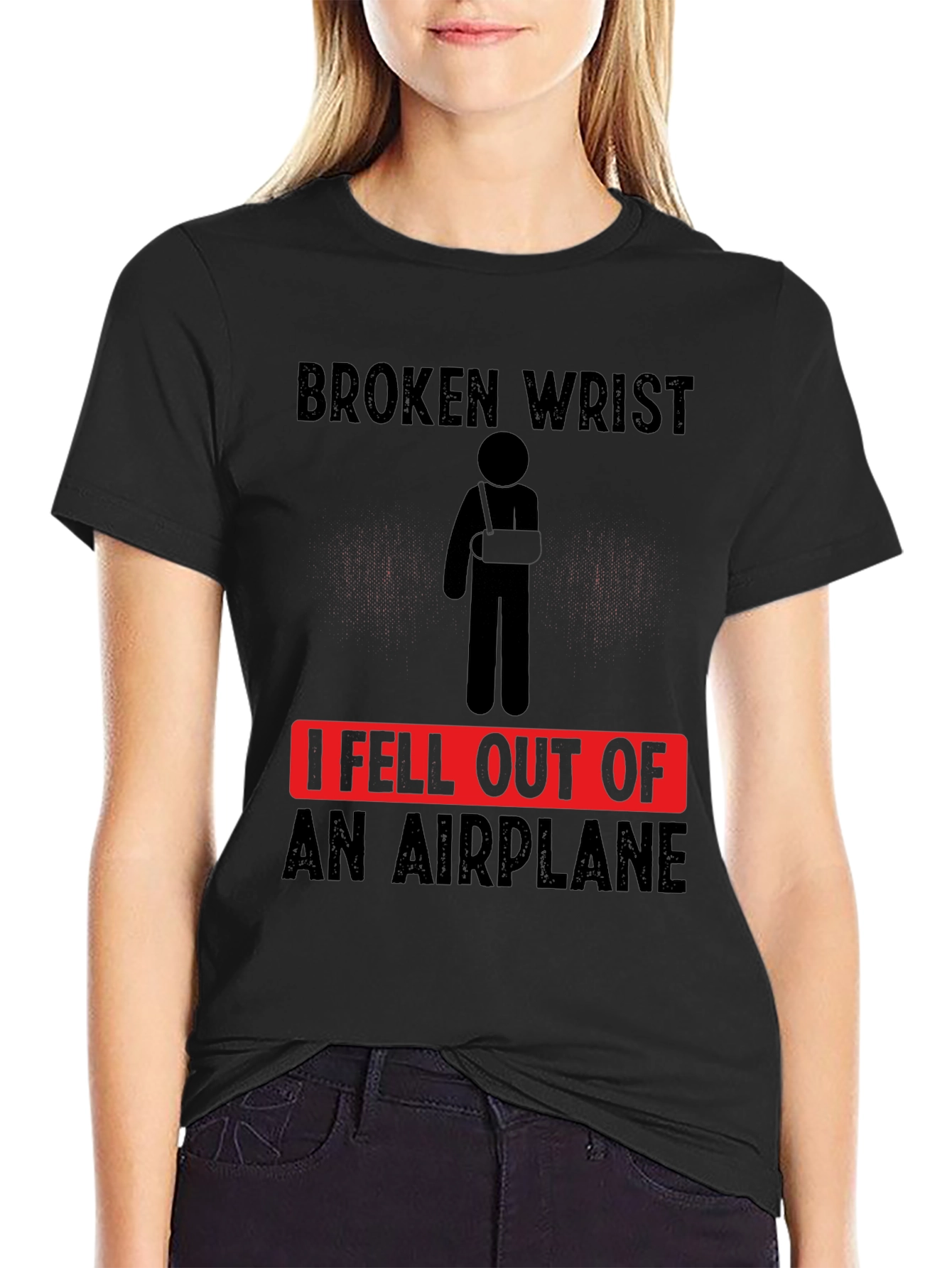 Black Broken Wrist Airplane T-Shirt Funny Injury Tee view 2
