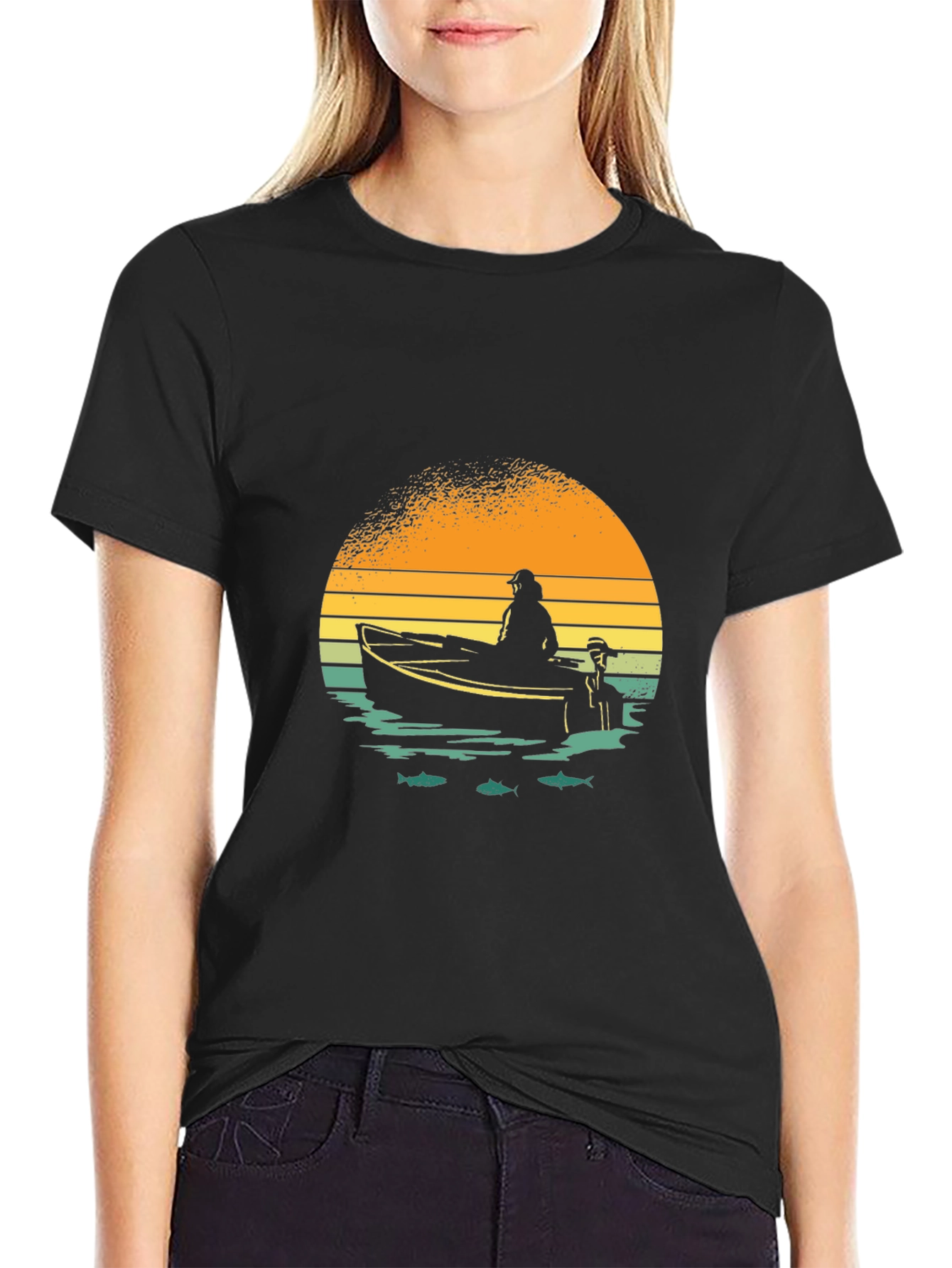 Black Fishing Boat Graphic Tee - Retro Sunset Design view 2