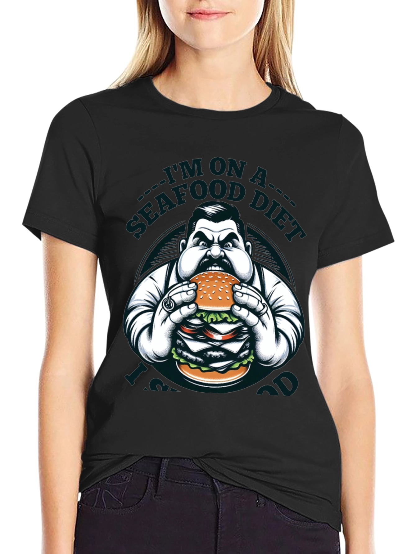 Black Seafood Diet Funny Graphic Tee view 2