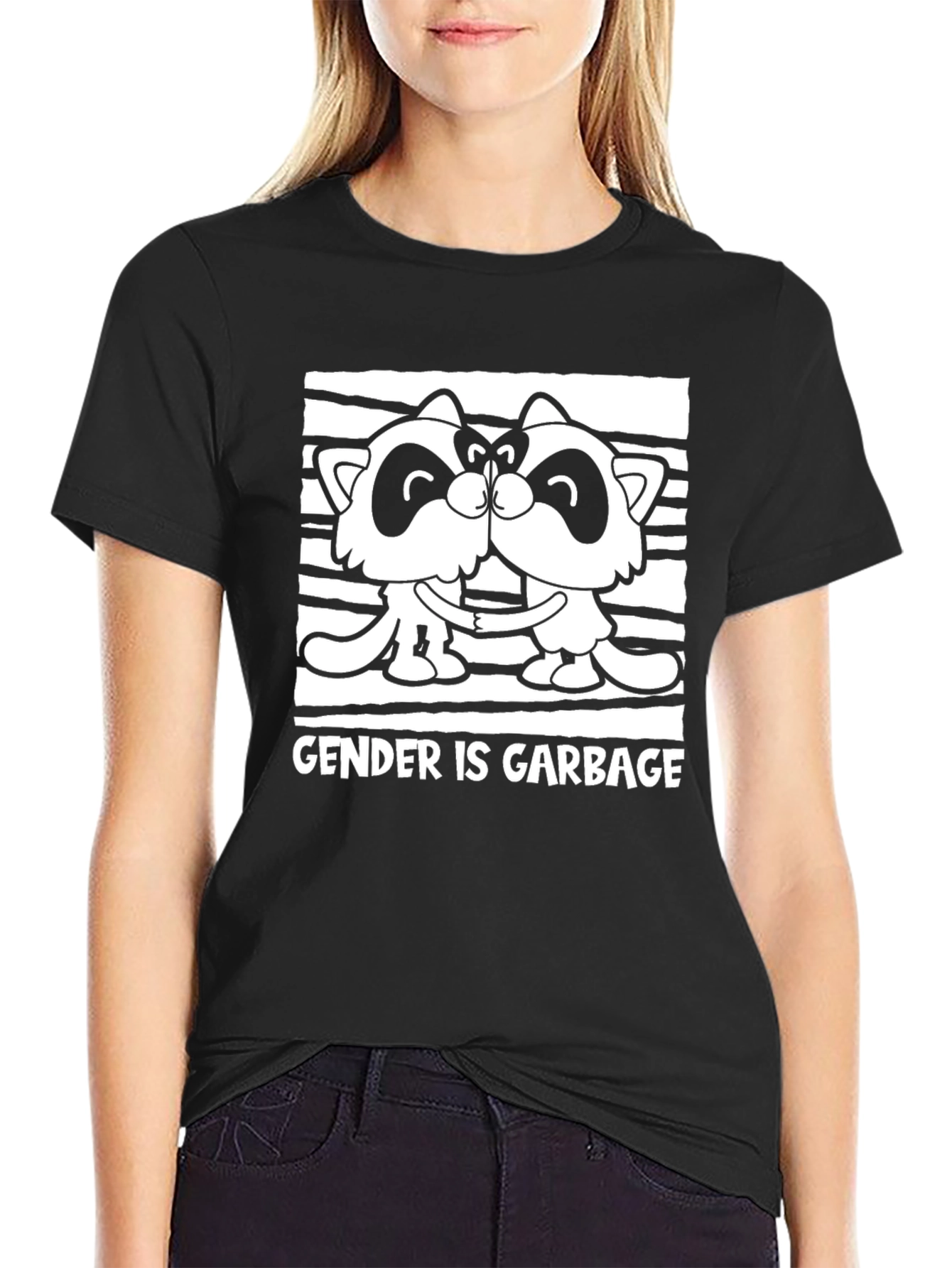 Black Gender is Garbage Raccoon Kissing Graphic Tee view 2
