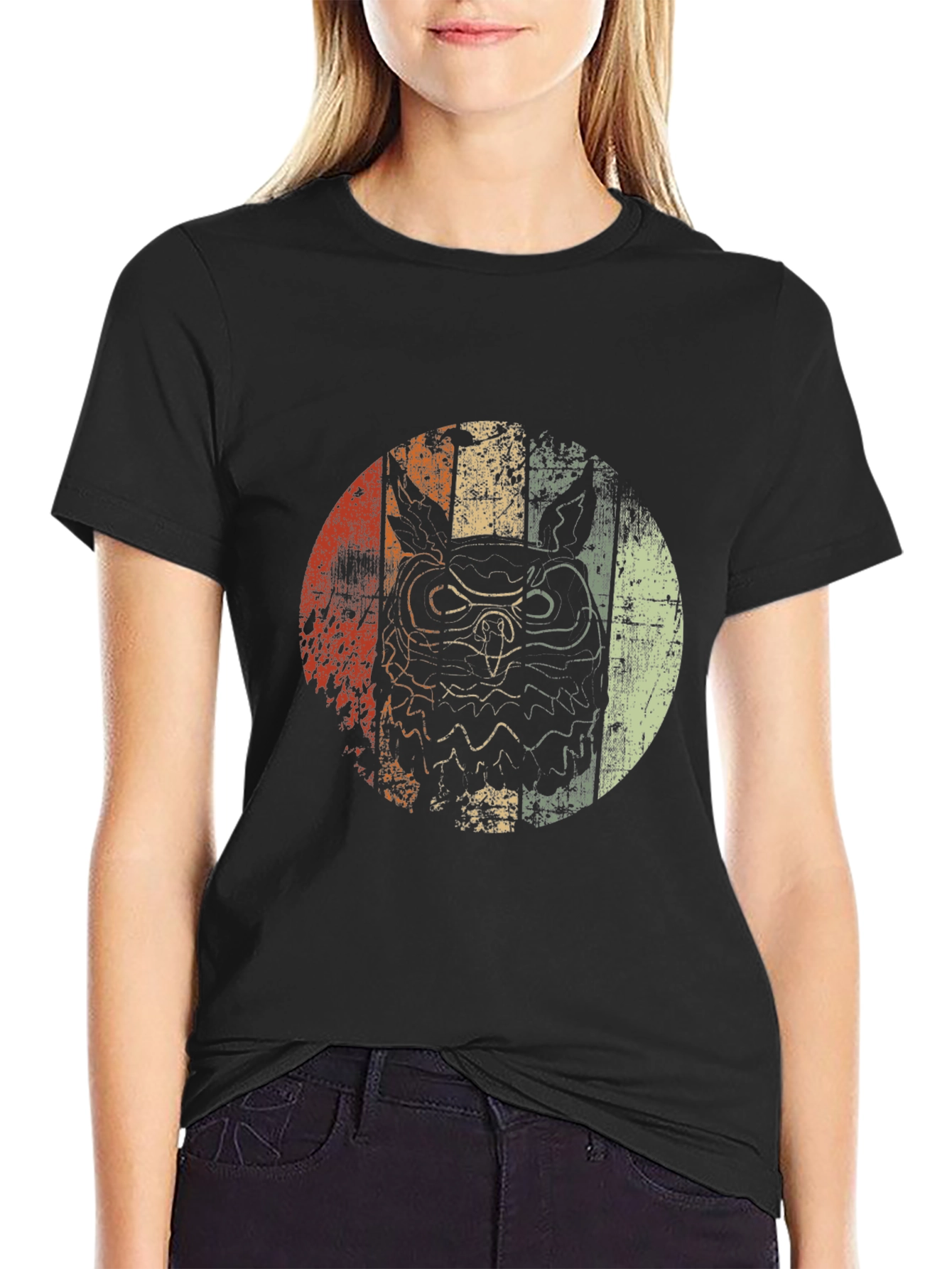 Black Retro Owl Graphic Tee - Vintage Style T-Shirt view 2