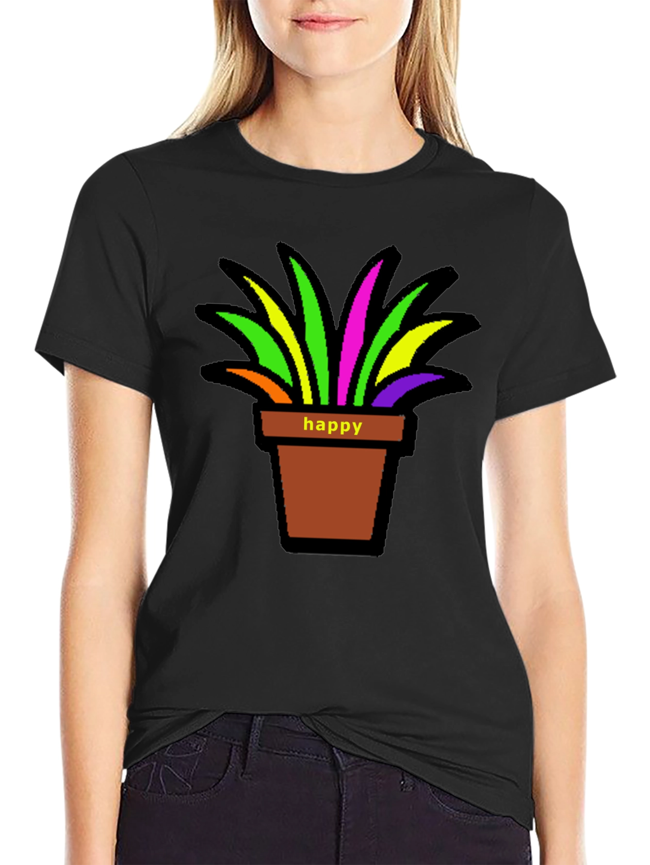 Black Happy Potted Plant Graphic T-Shirt view 2