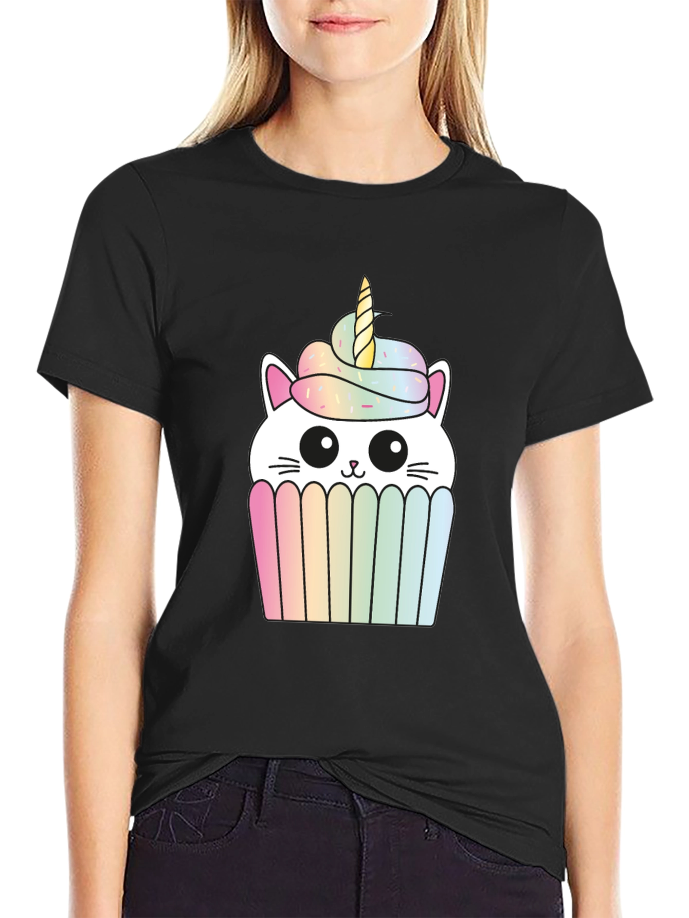 Black Unicorn Cat Cupcake Graphic Tee - Black Cotton T-Shirt view 2