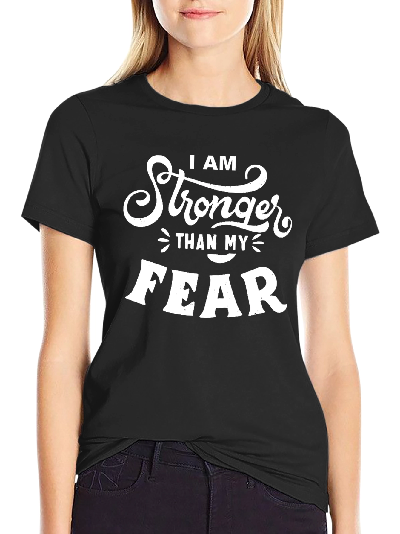 Black Motivational 'Stronger Than Fear' Black T-Shirt view 2