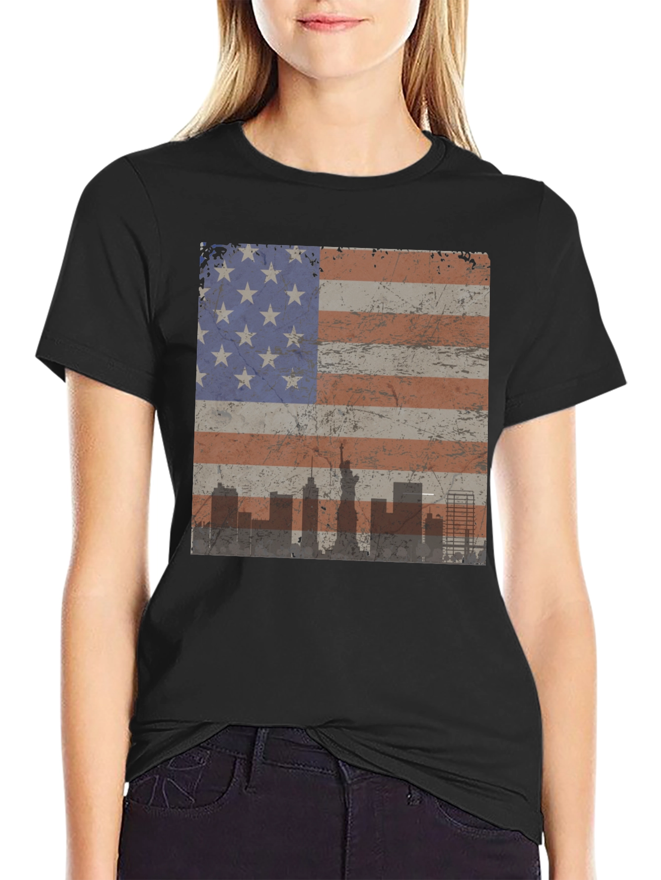 Black American Flag Skyline Graphic Tee - Patriotic Style view 2
