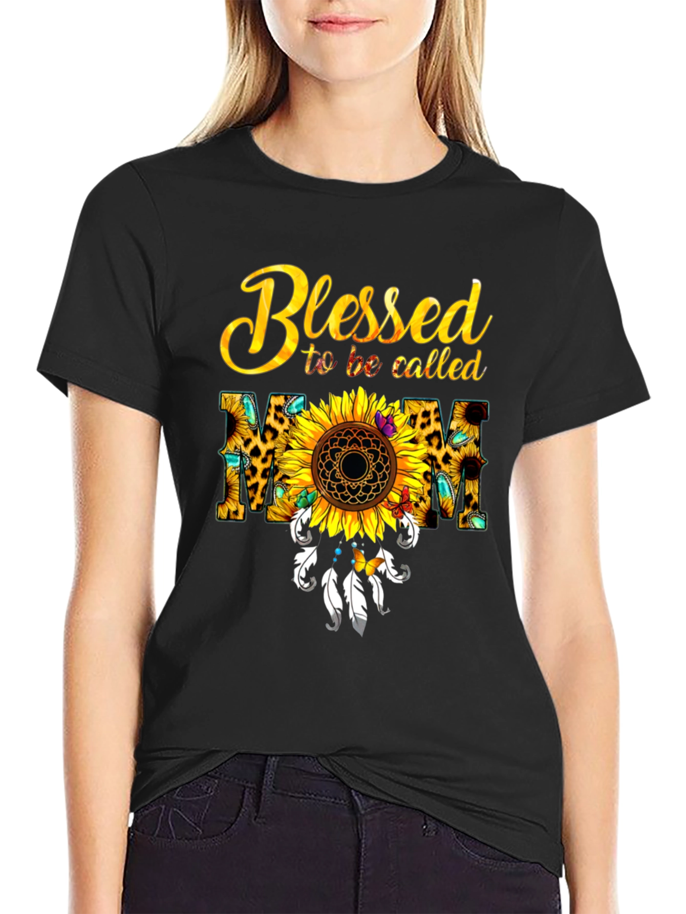 Black Blessed Mom Sunflower T-Shirt view 2