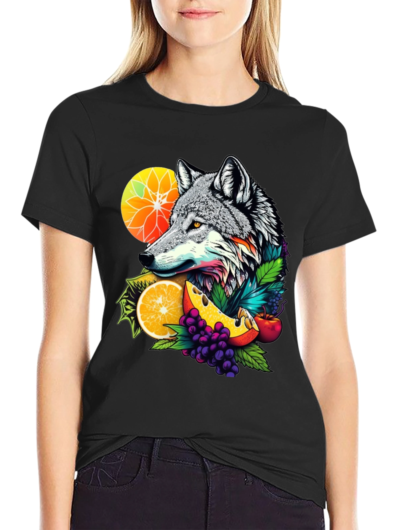 Black Wolf & Fruit Graphic Tee - Unique Design view 2