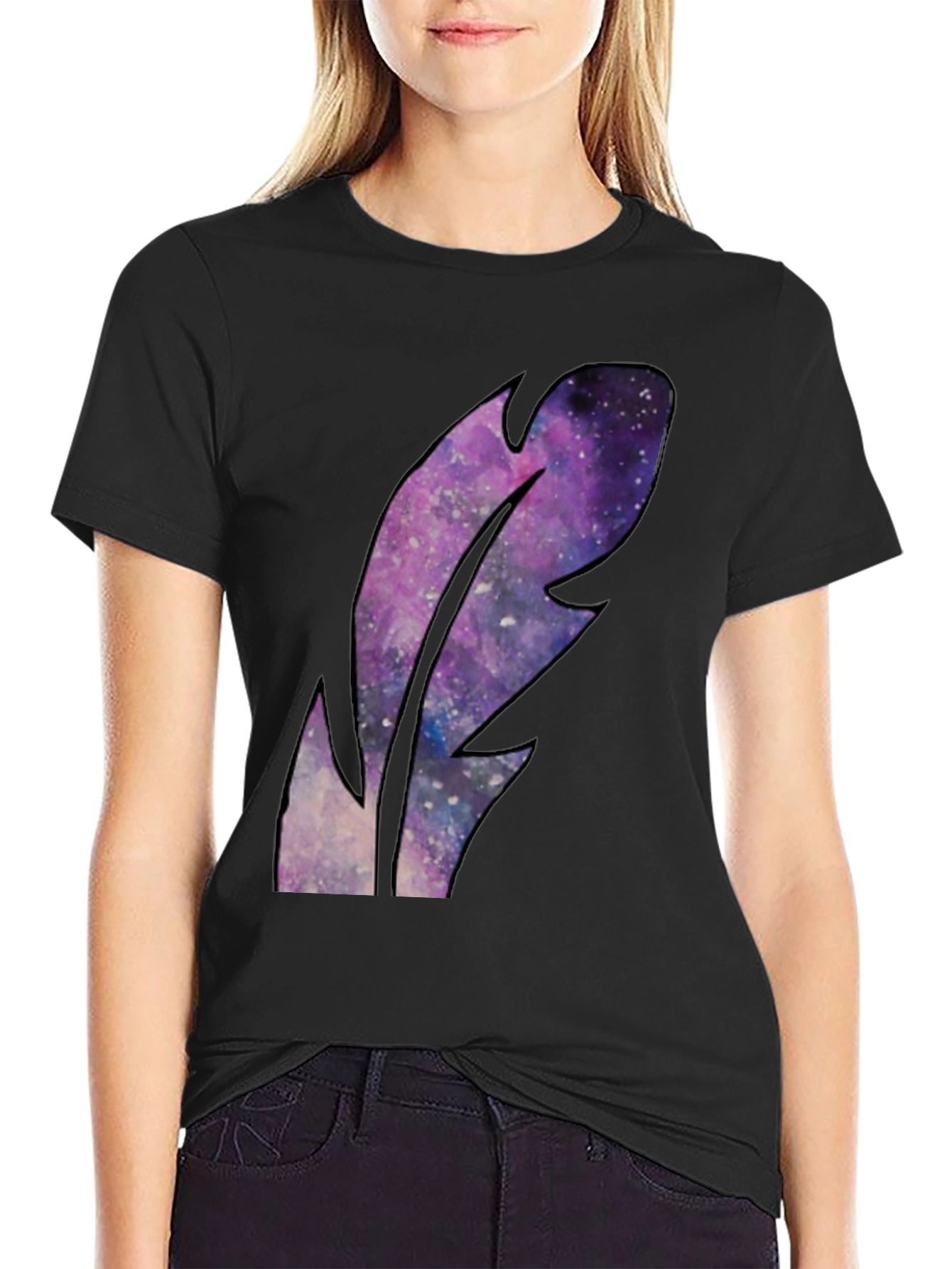 Black Galaxy Feather Graphic Black T-Shirt view 2