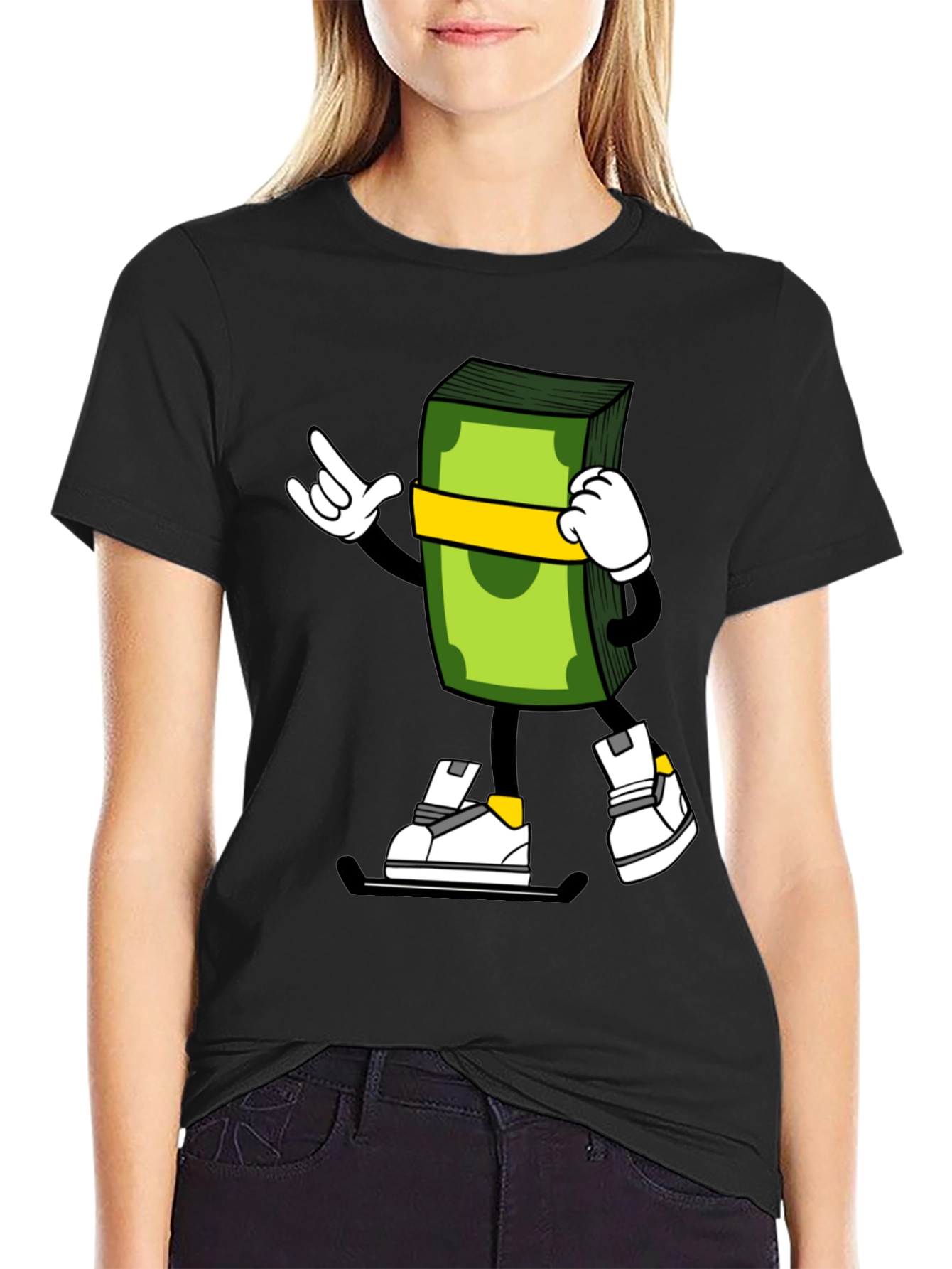Black Cartoon Money Stack Graphic Tee view 2