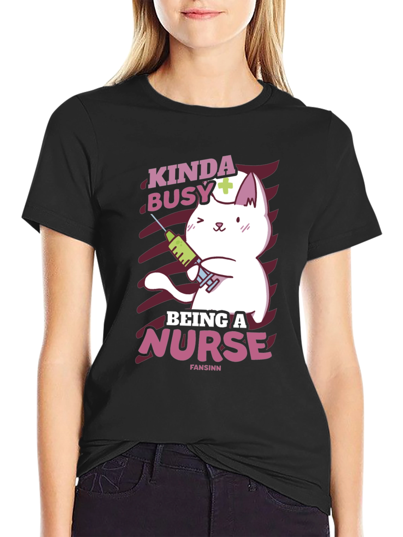 Black Kinda Busy Being a Nurse Funny Cat T-Shirt view 2