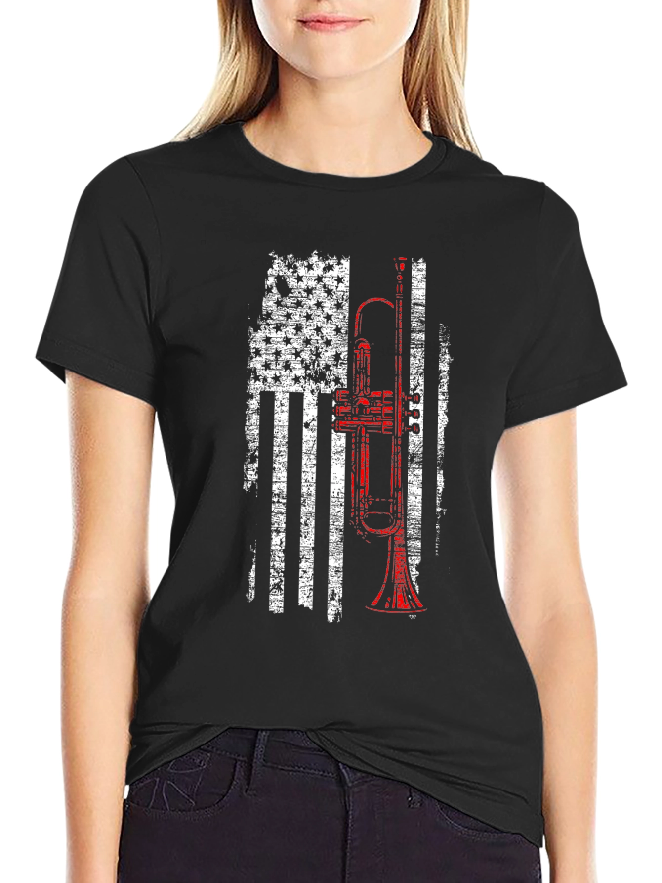 Black Trumpet American Flag Patriotic T-Shirt view 2