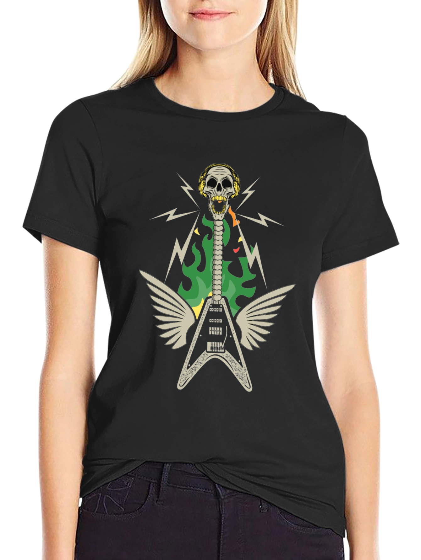 Black Skull Guitar Wings Rock Band T-Shirt view 2