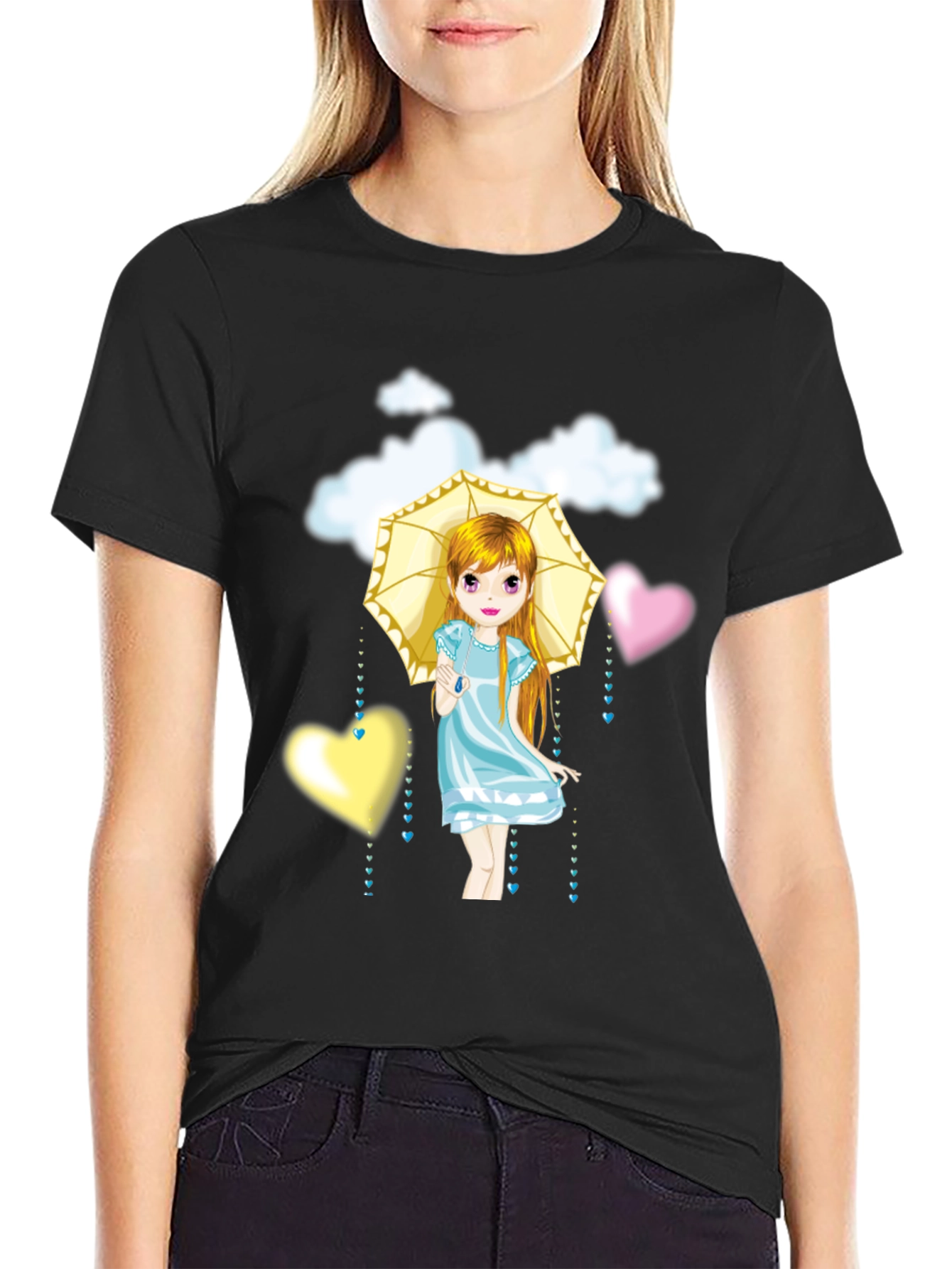 Black Cute Girl Umbrella Heart Cloud Black T-Shirt view 2