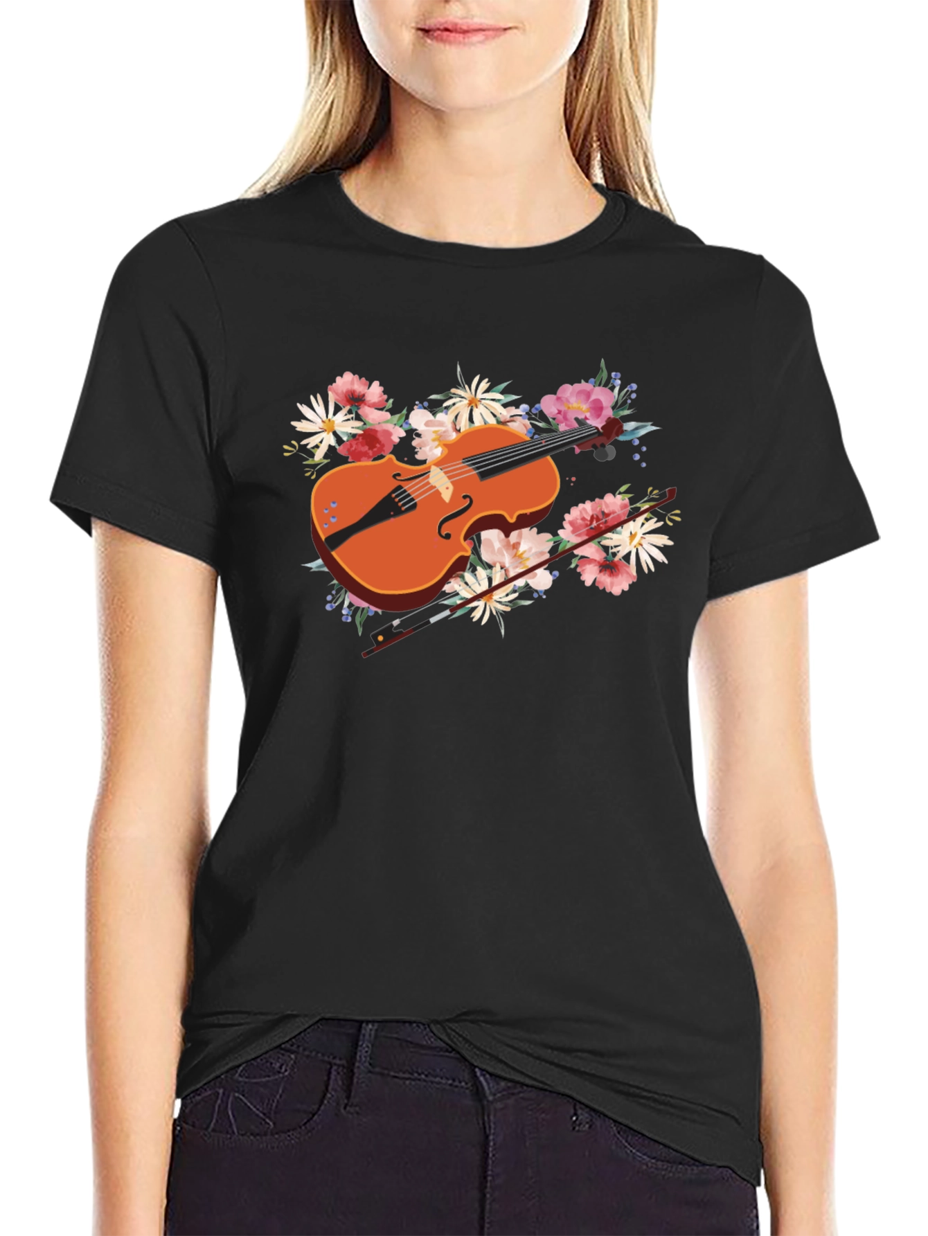 Black Floral Violin Graphic Tee - Stylish Music Lover's Shirt view 2