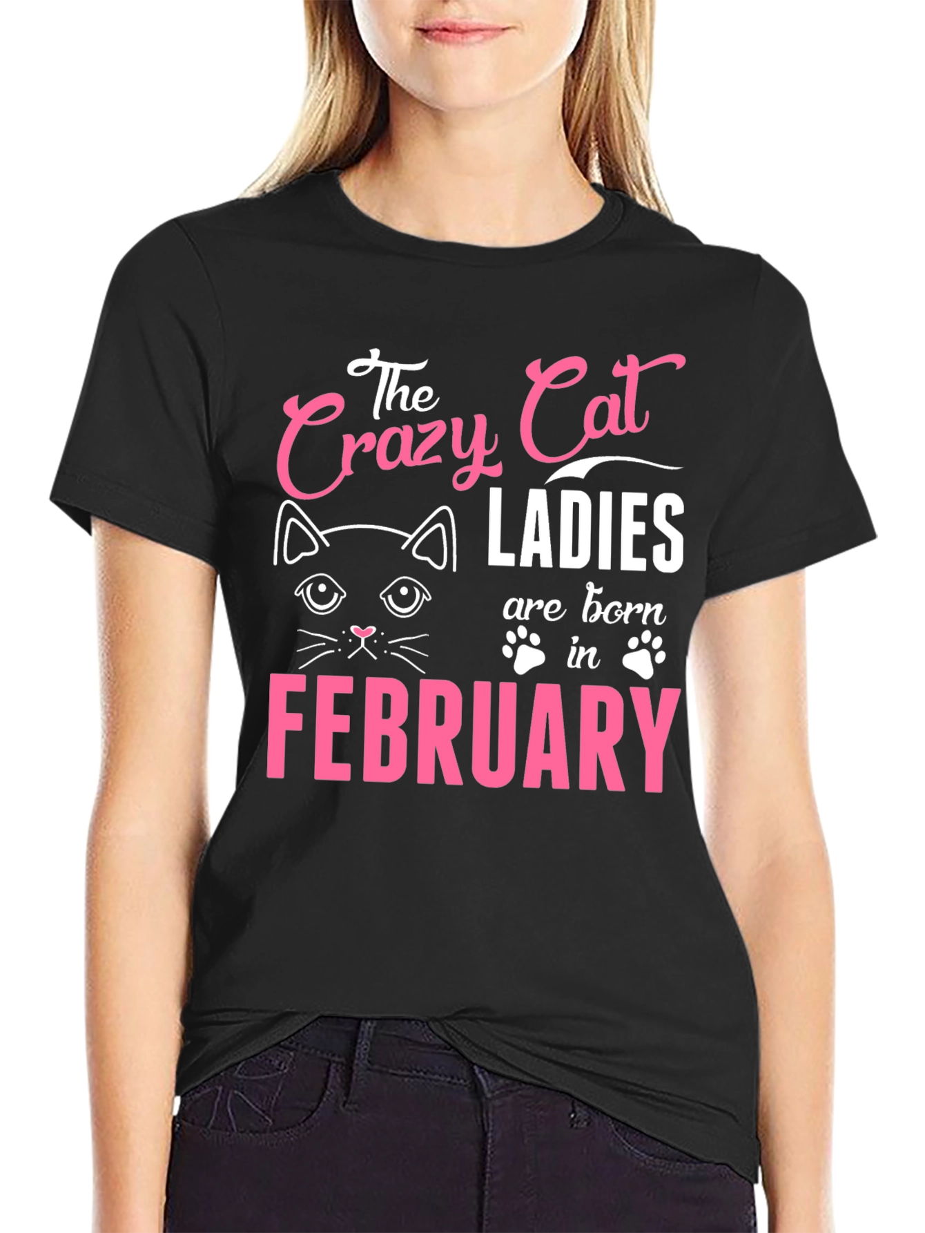Black Crazy Cat Ladies Born in February T-Shirt view 2