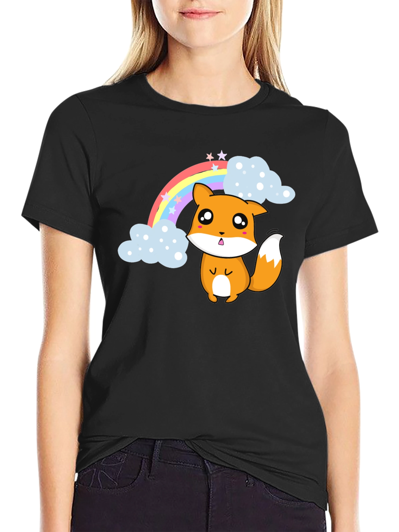 Black Kawaii Fox Rainbow T-Shirt - Cute & Comfy view 2