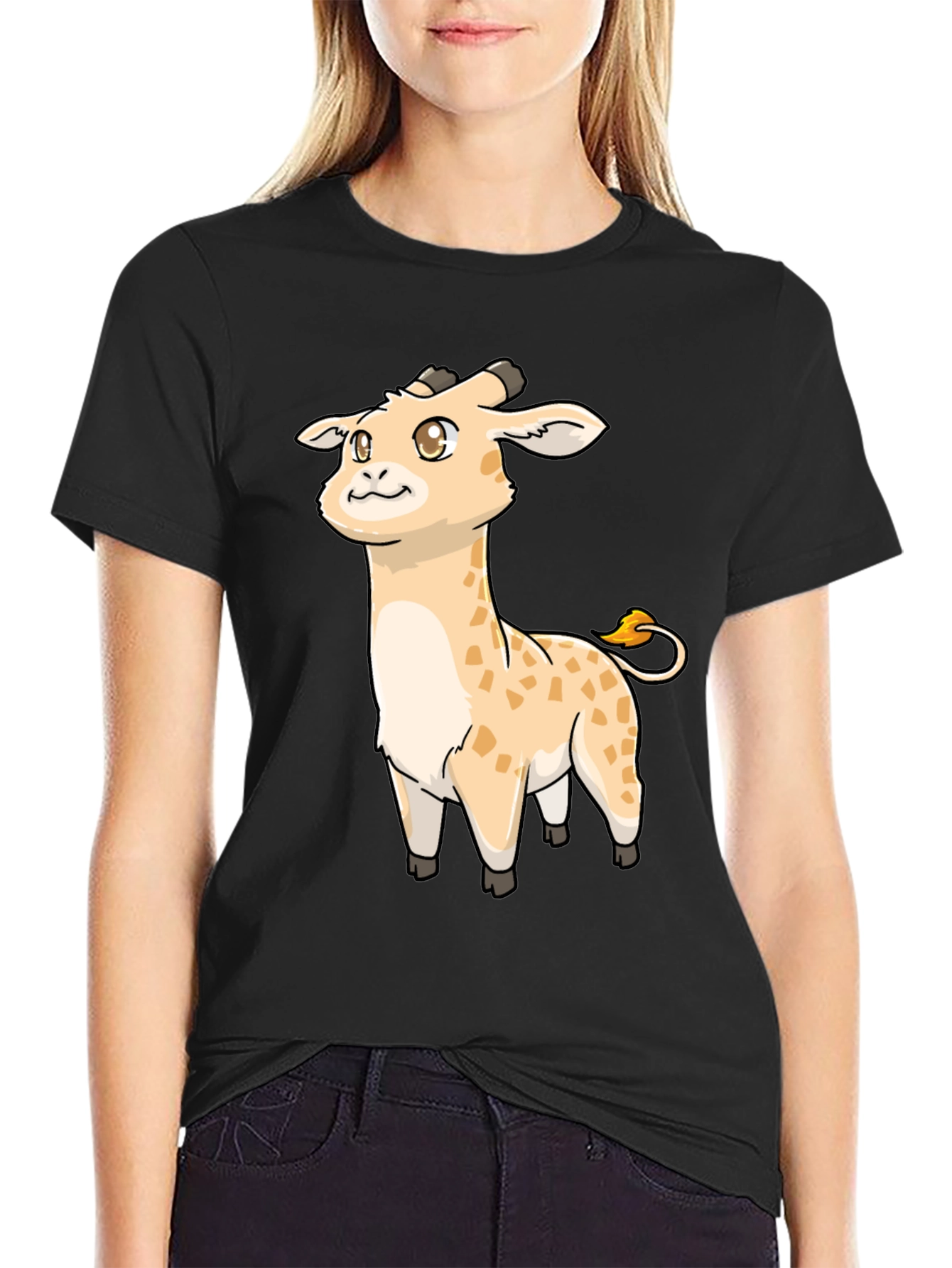 Black Cute Giraffe Cartoon Black T-Shirt view 2