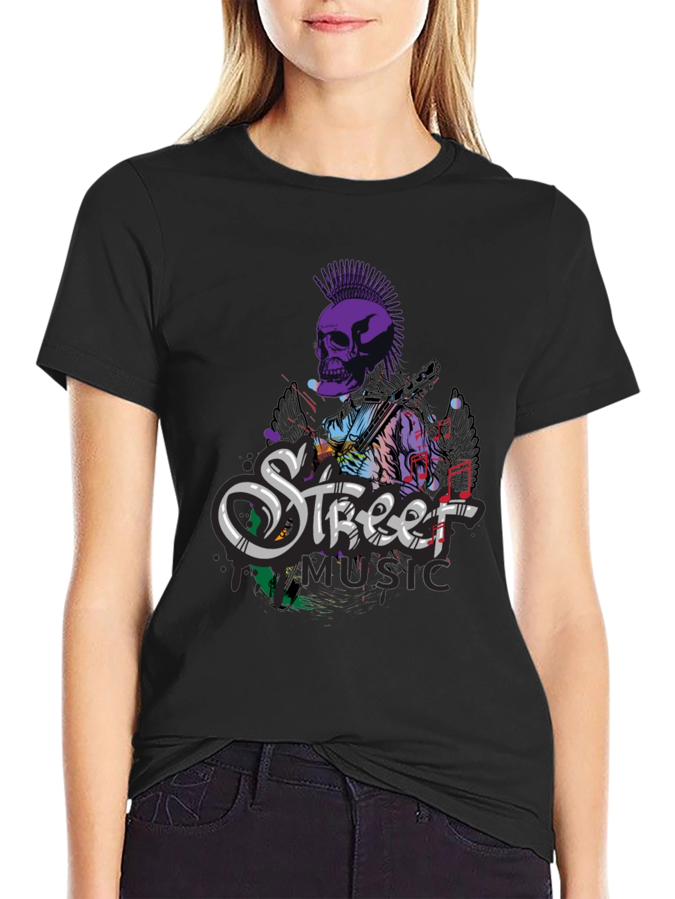 Black Street Music Skull Graphic Tee - Black Cotton T-Shirt view 2