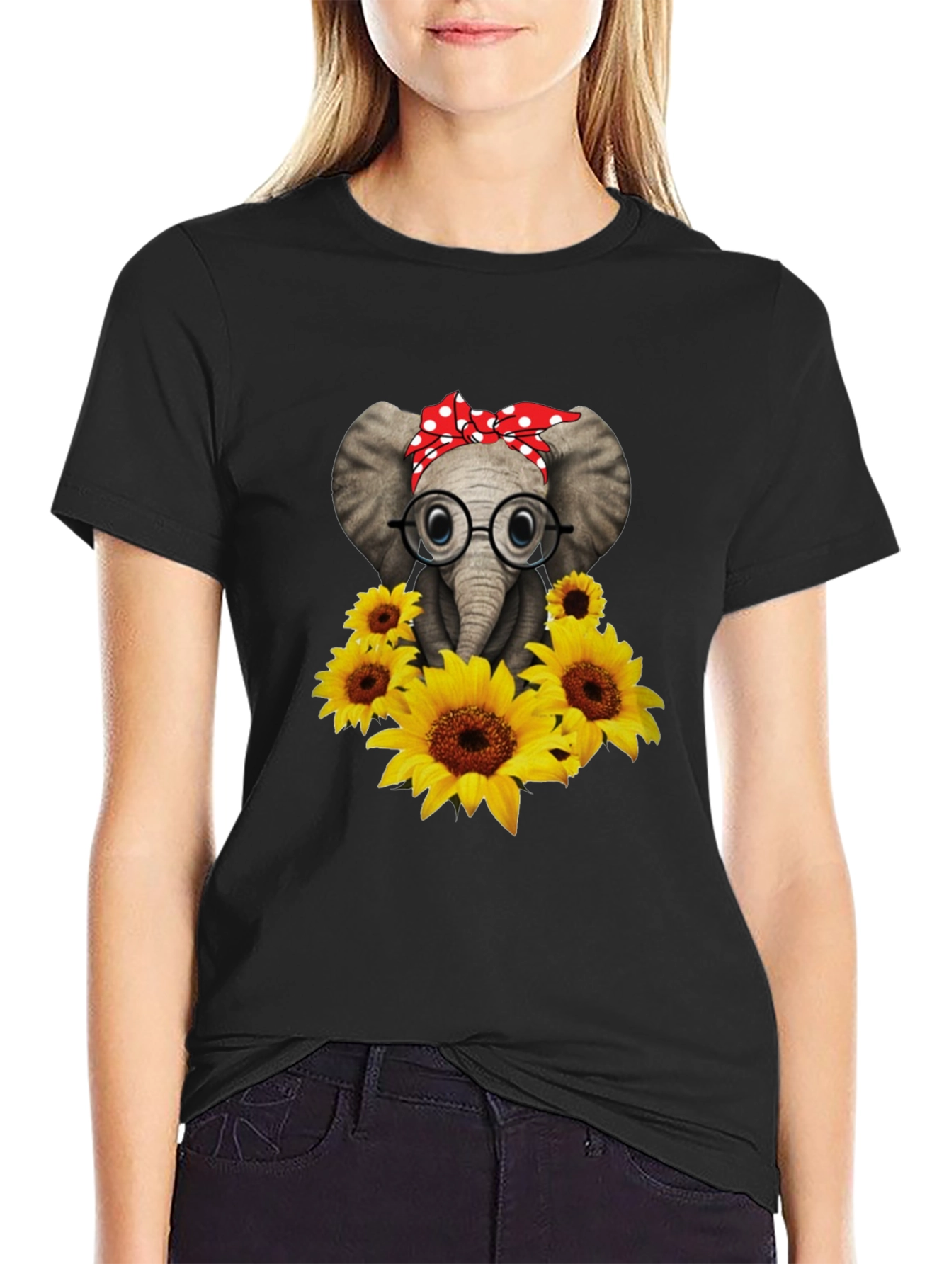 Black Elephant with Sunflowers Graphic Tee view 2