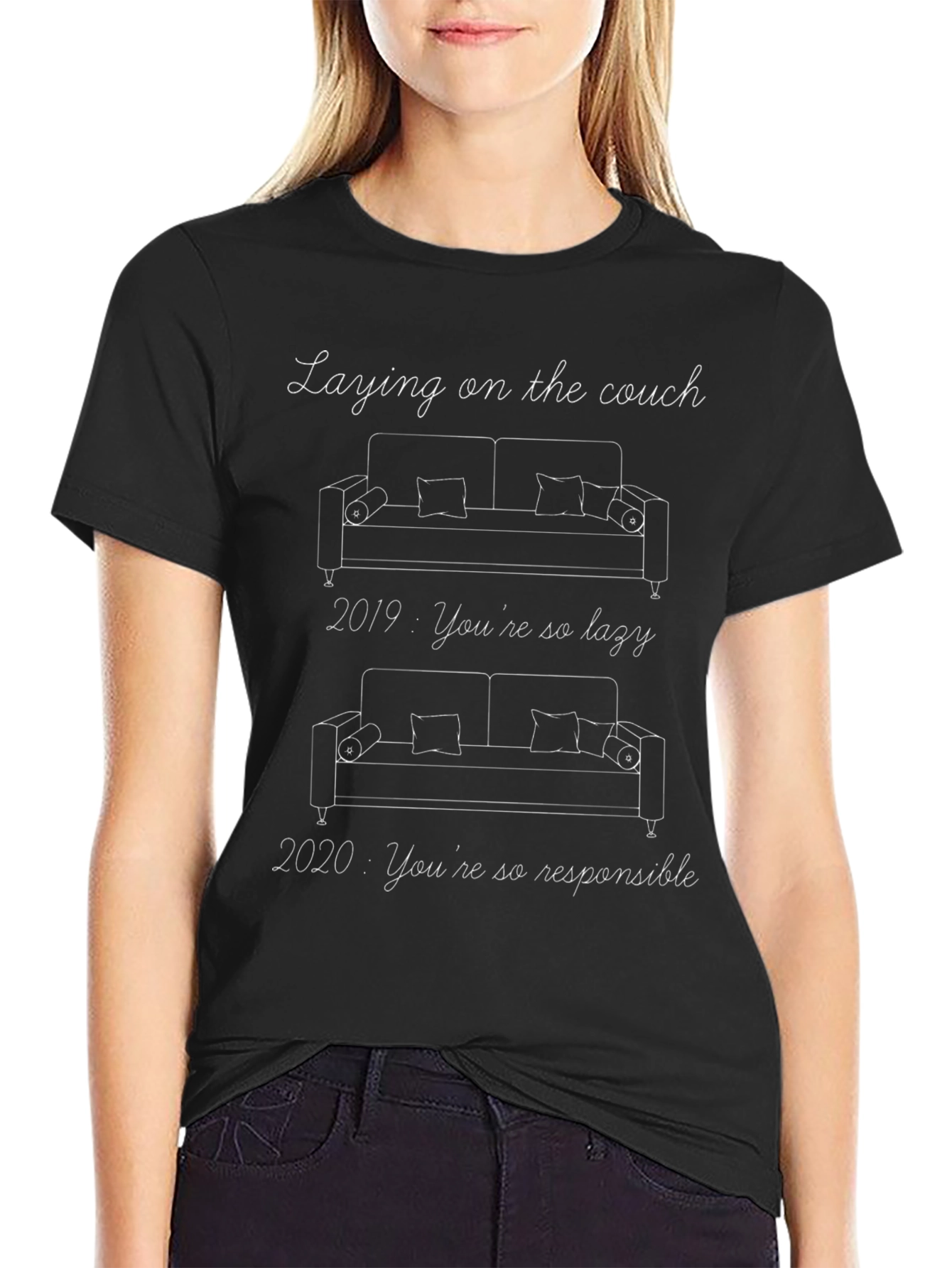 Black Couch Potato T-Shirt - Lazy vs. Responsible view 2