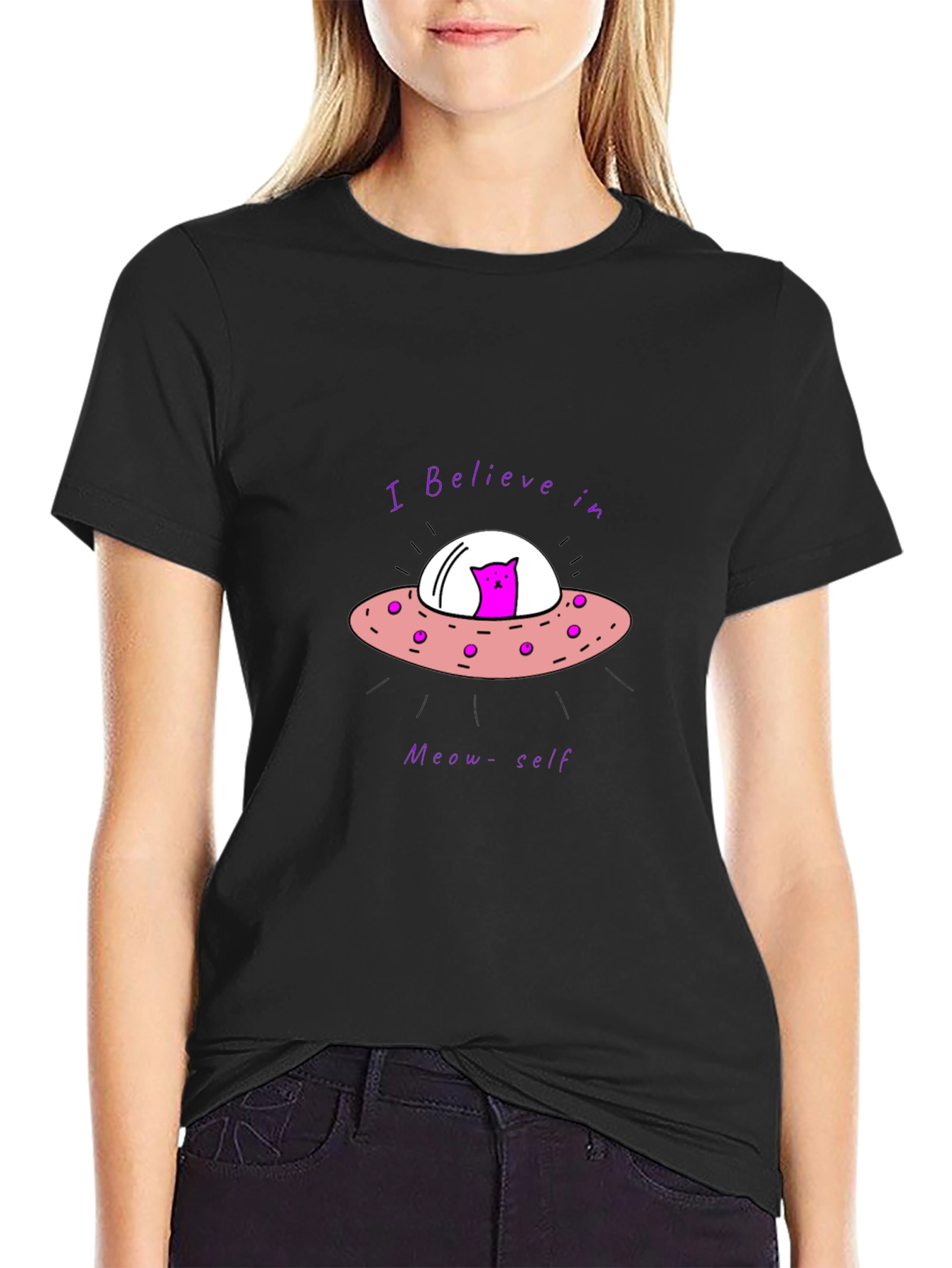 Black Believe in Meow-self Black T-Shirt - Cat Alien UFO view 2