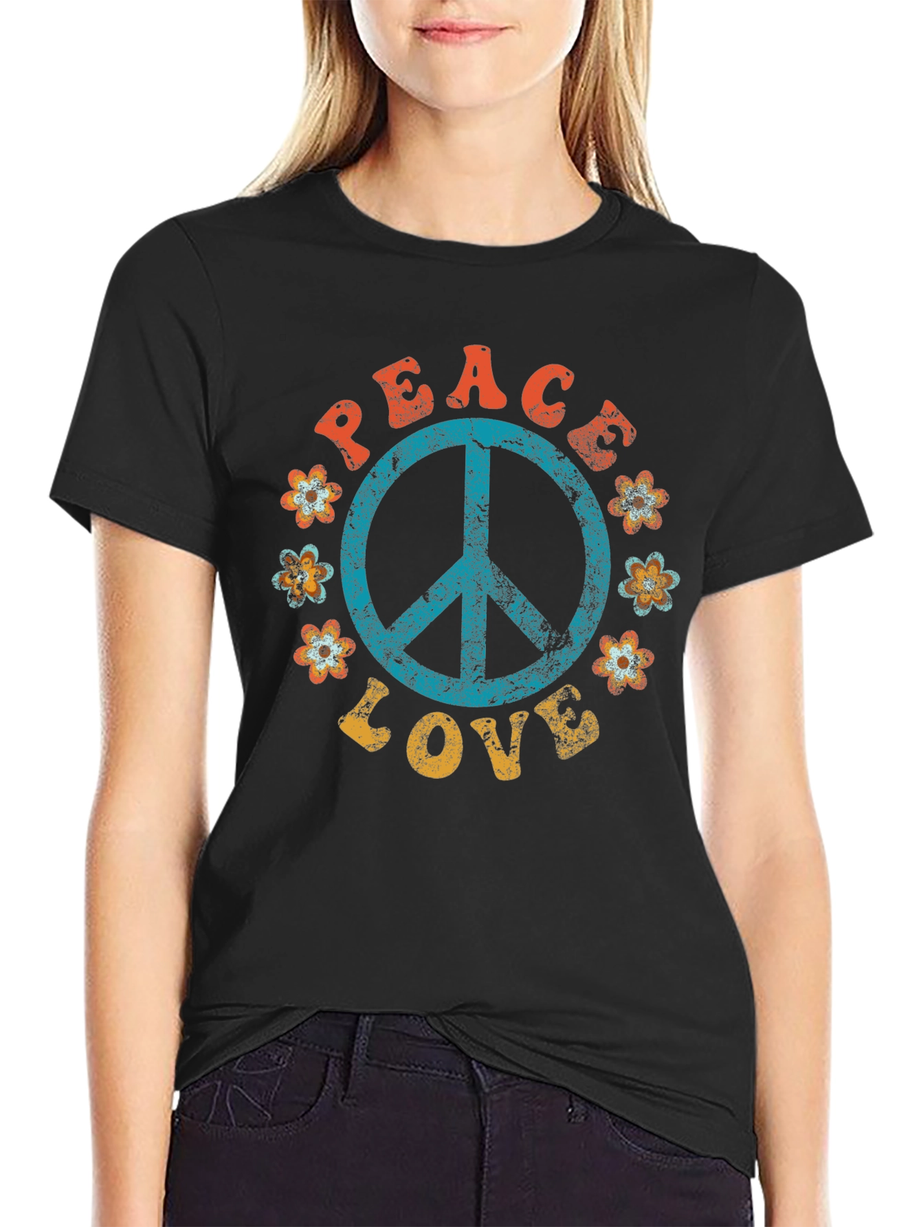 Black Peace & Love Retro T-Shirt view 2