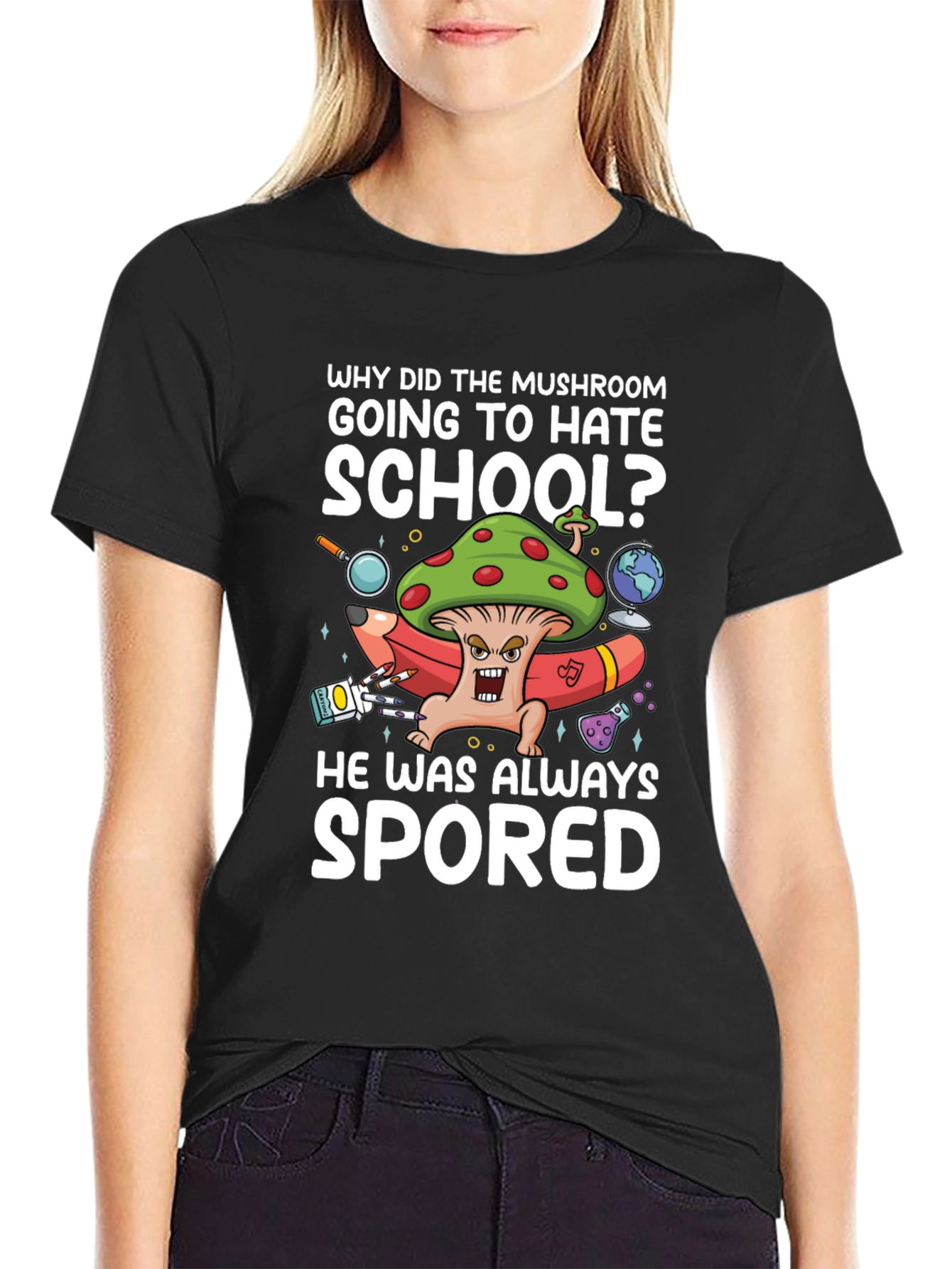 Black Mushroom School T-Shirt Funny Pun Tee view 2