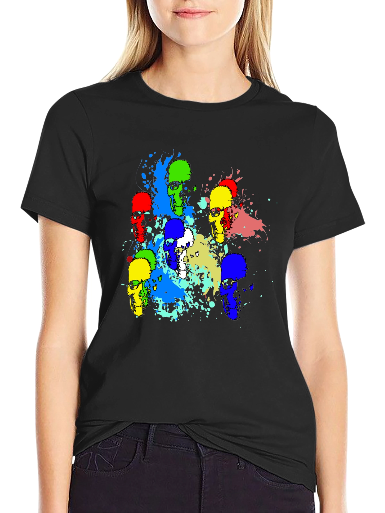 Black Colorful Skull Graphic Print T-Shirt view 2