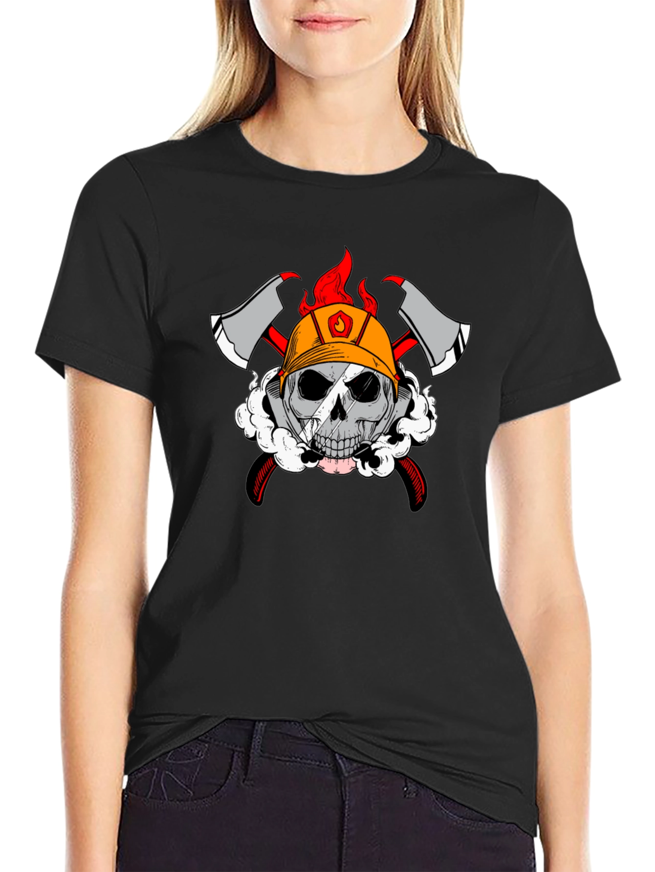 Black Firefighter Skull Graphic T-Shirt view 2